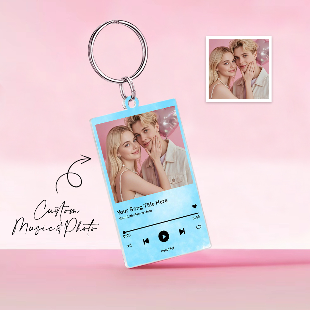 Personalized Blue Acrylic Music Keychain Couple You & Me Photo and Text Acrylic Keychain Creative Gifts Valentine Gift Keychain - MyFaceUnderwearAU