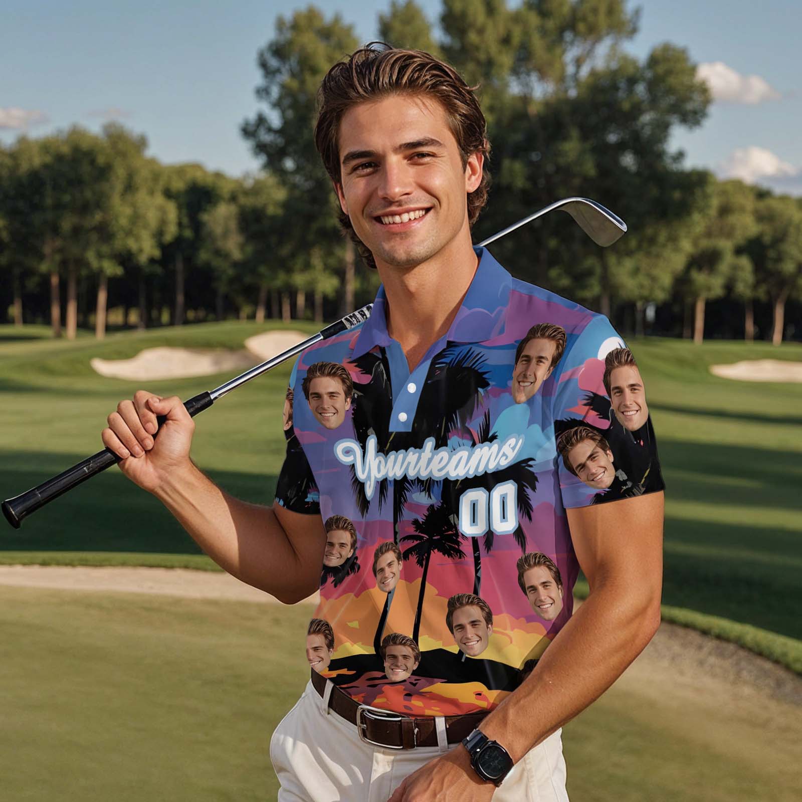 Custom Face Polo Sunset Blue Palm Trees Golf Polo Shirt Text or Not Team Polo Shirt