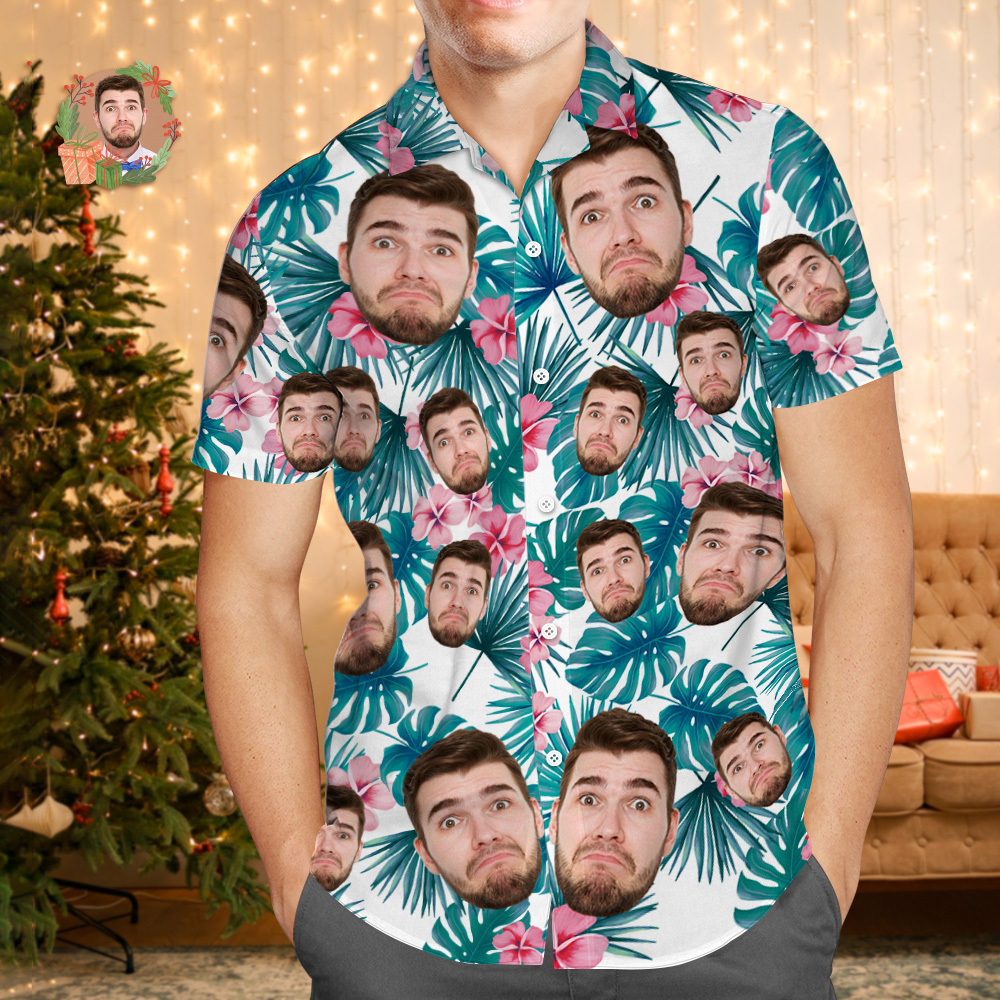 Custom Face Hawaiian Shirt Personalized Birthday Flowers And Leaves Beach Holiday Christmas Face Hawaiian Shirt - MyFaceUnderwearAU