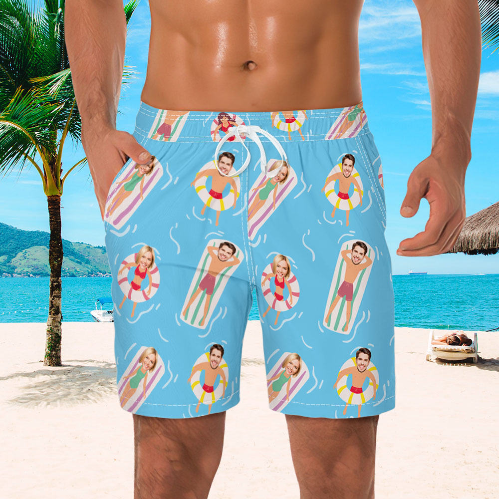 Custom Light Blue Face Mens Swim Trunks Personalized Tropical Swim Shorts Bathing Suit - MyFaceUnderwearAU