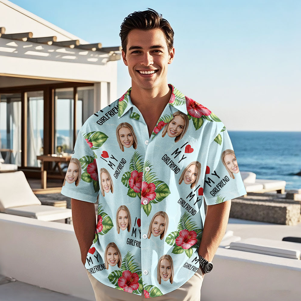 Personalized Face Hawaiian Shirt Summer Vacation Couple Face Hawaiian Shirt I Love My Wife Blue Flower Hawaiian Shirt - MyFaceUnderwearAU