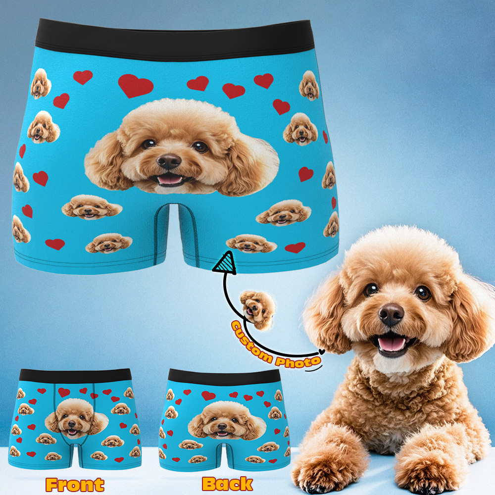 Custom Boxers with Pet Photo Men Underwear with Pet Face Personalized Blue Boxer Briefs with Tex Birthday Gift for Pet Dad Valentine's Day - MyFaceUnderwearAU