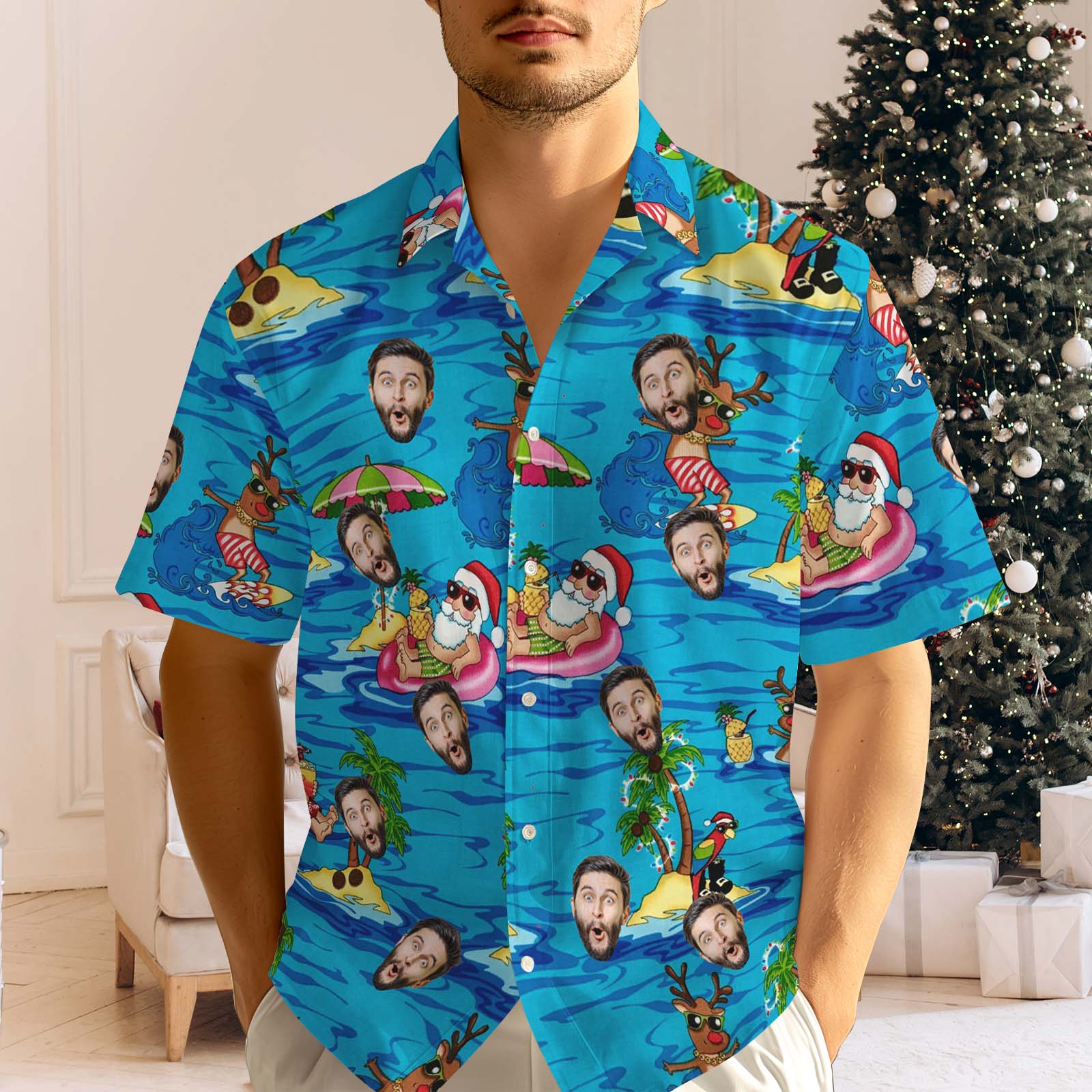 Custom Face Men's Hawaiian Shirt Personalized Santa Beach Holiday Christmas Face Hawaiian Shirt