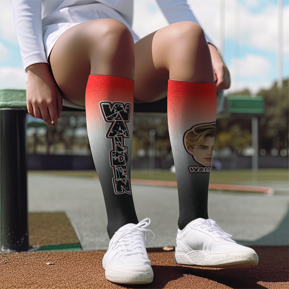 Custom Athletic Knee High Socks Gradient Blue And Yellow High Socks Personalized Compression Socks Face and Text Knee High Socks - MyFaceUnderwearAU