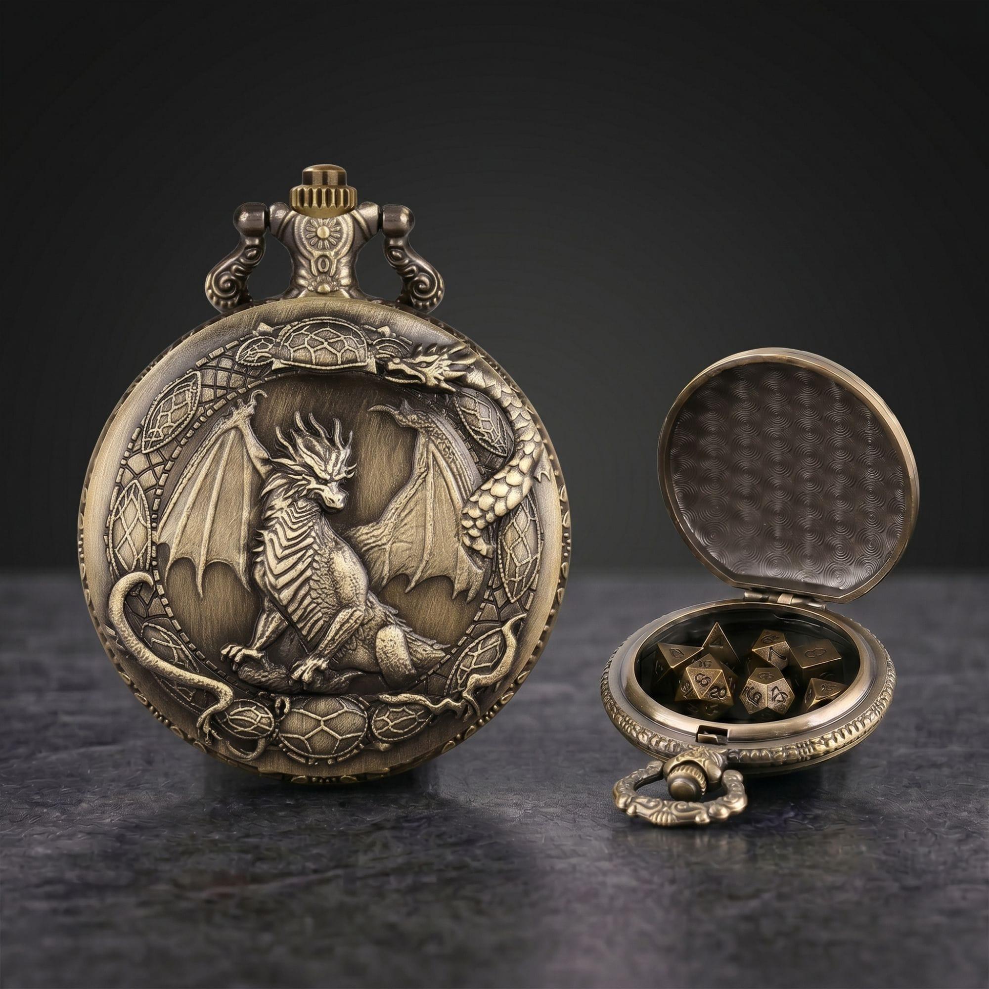 Dragon Crest Pocket Watch Dice Set TTRPG Polyhedral Dice - MyFaceUnderwearAU