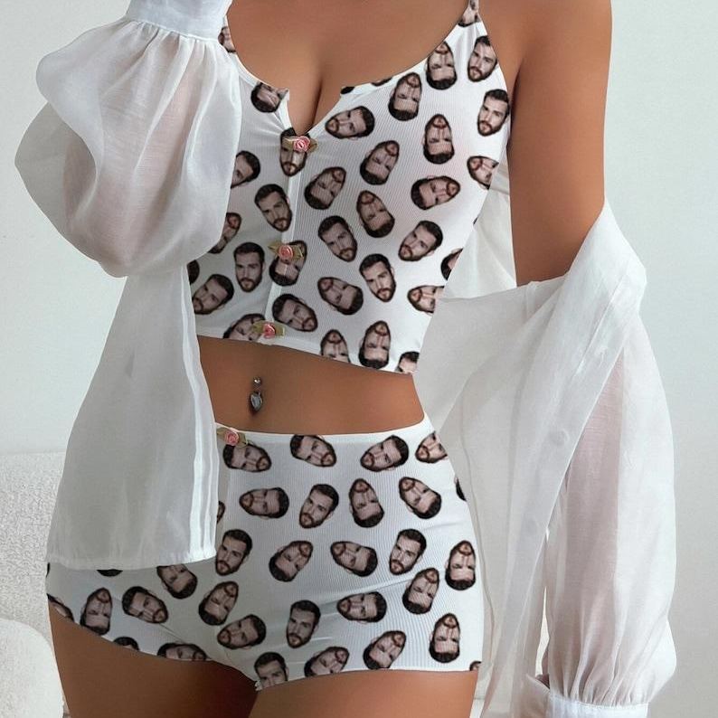 Photo Custom Appliques Notched Neckline Lingerie Set, gift, bachelorette party