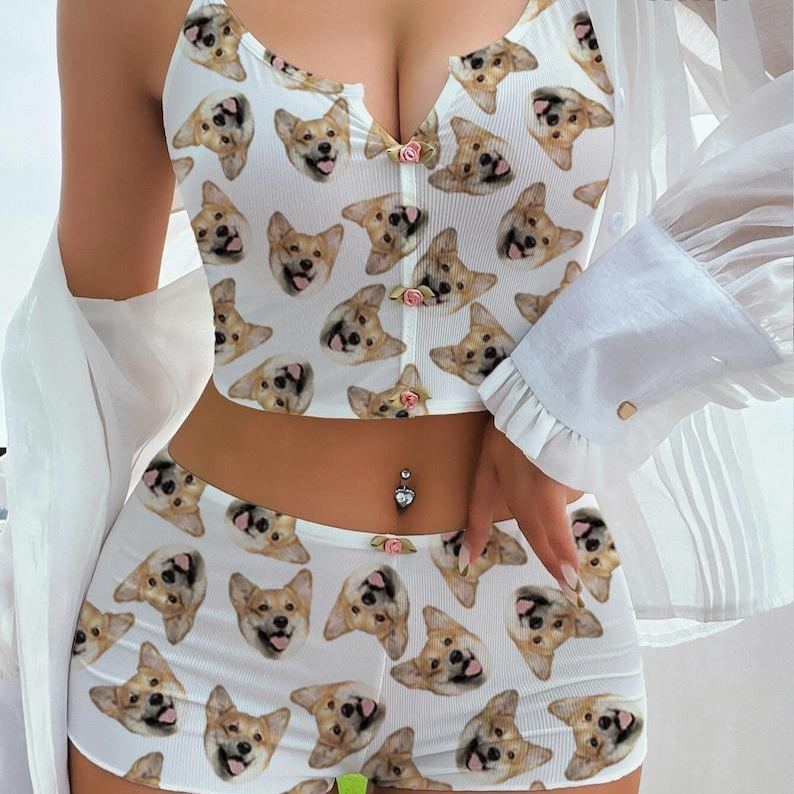 Photo Custom Appliques Notched Neckline Lingerie Set, gift, bachelorette party