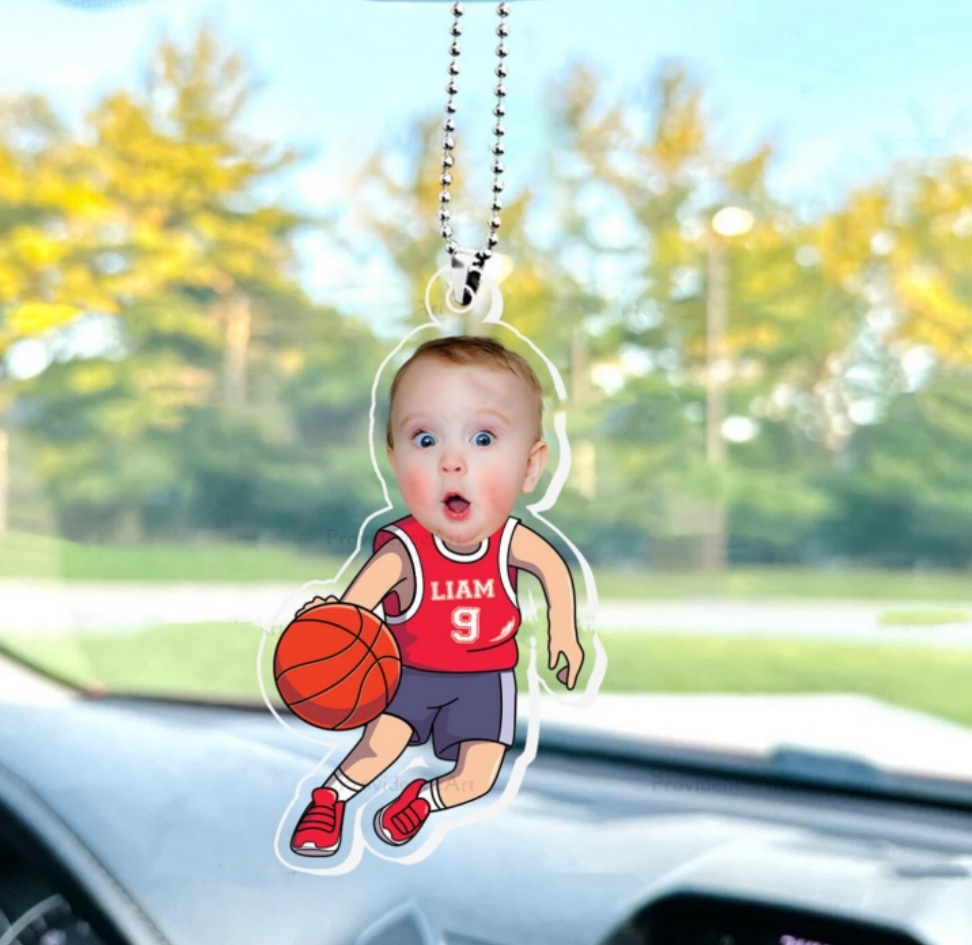 Personalized Baby Photo Basketball Dad Ornament In Car for Daddy, Funny Customized Fathers Day Birthday Gift Idea with Kid Name for Husband - MyFaceUnderwearAU