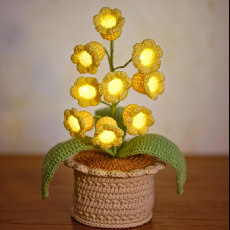 LED Light Crocheted Lily of the Valley - Glowing Potted Knit Flower Home Ambiance Decor - MyMoonLampAu