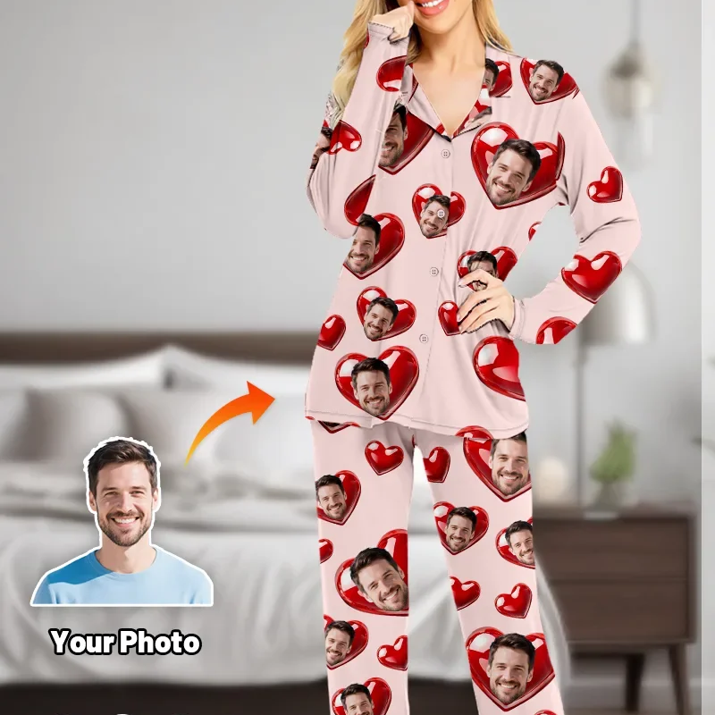 Custom Long Sleeve Pajamas Heart & Portrait Print Multi-color and multi-pattern Birthday Valentine's Day Gift - MyFaceUnderwearAU