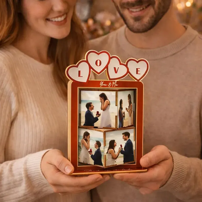 Personalized Wooden Rotating Photo Cube, Valentine Custom Photo Flip Box, Wedding Picture Display, Memory Keepsake,Creative Anniversary Gift