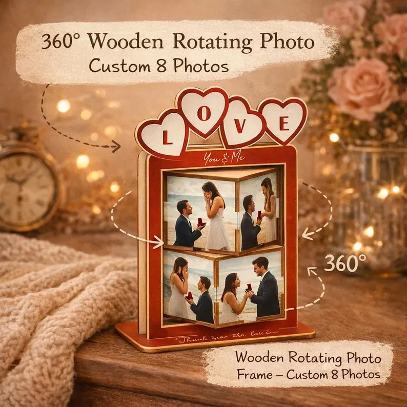 Personalized Wooden Rotating Photo Cube, Valentine Custom Photo Flip Box, Wedding Picture Display, Memory Keepsake,Creative Anniversary Gift