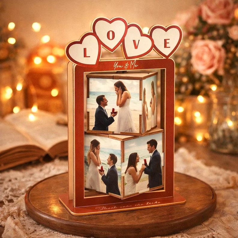 Personalized Wooden Rotating Photo Cube, Valentine Custom Photo Flip Box, Wedding Picture Display, Memory Keepsake,Creative Anniversary Gift