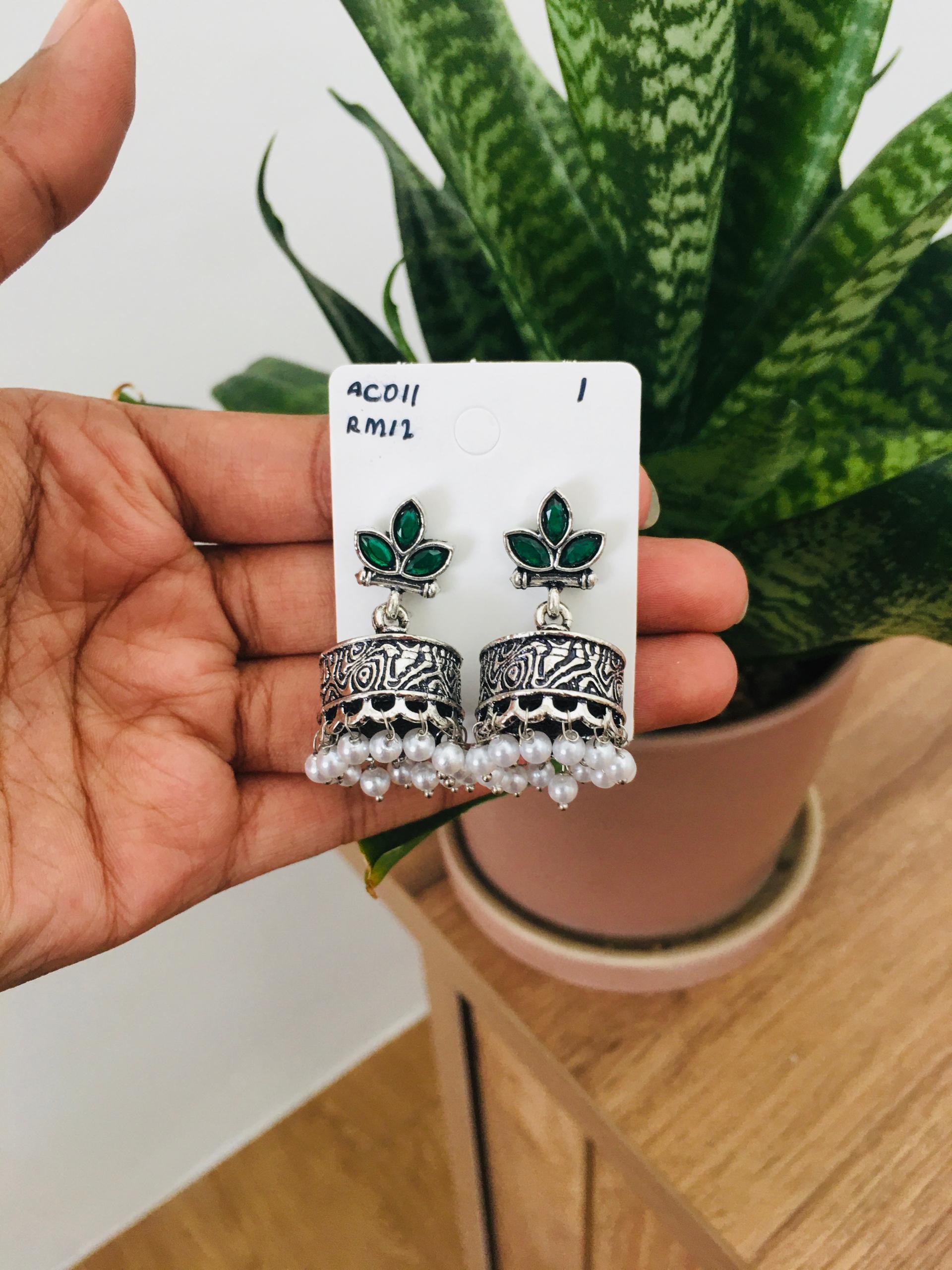 Flower Stone Silver Jhumka