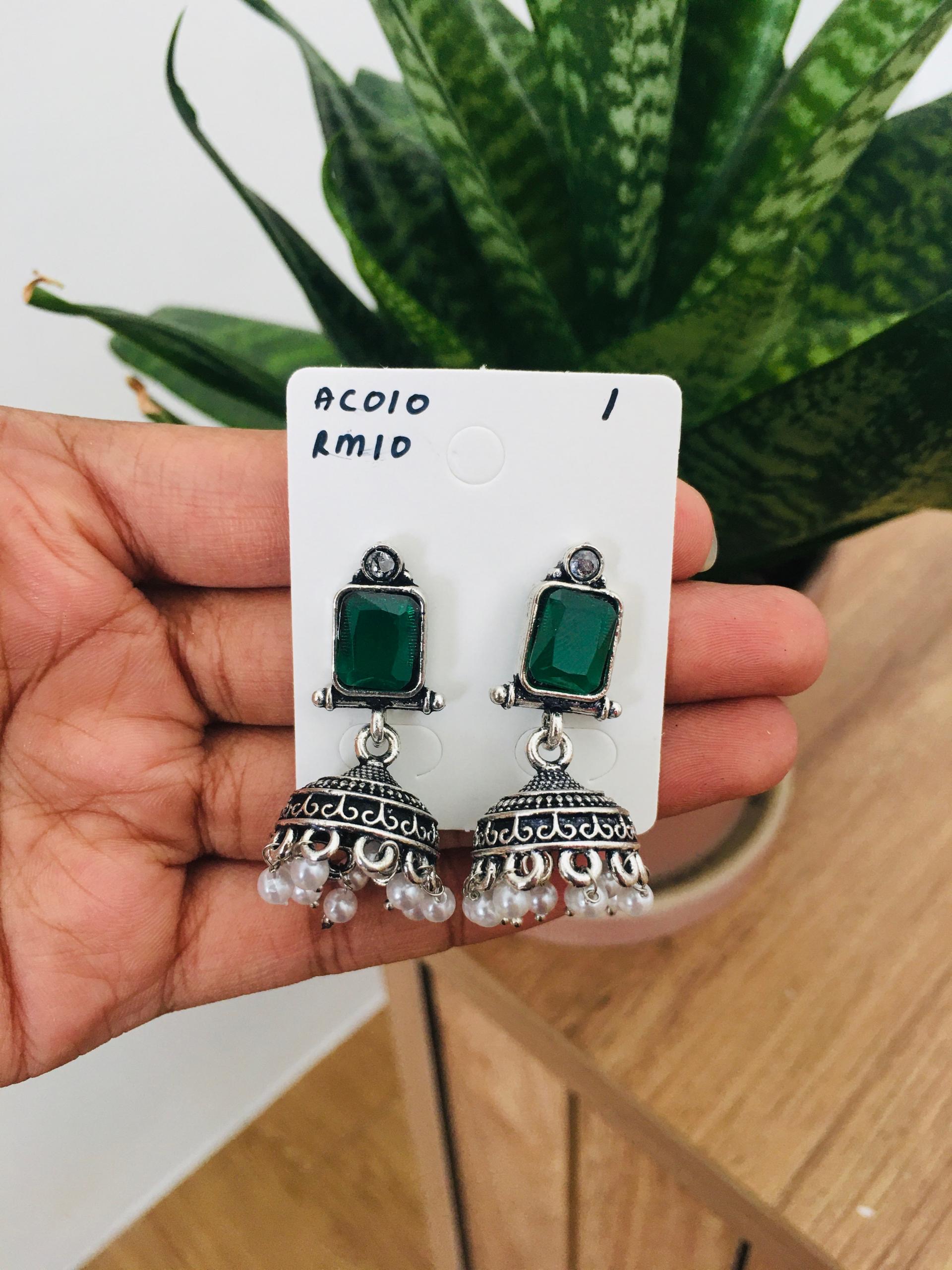 Square Stone Silver Jhumka