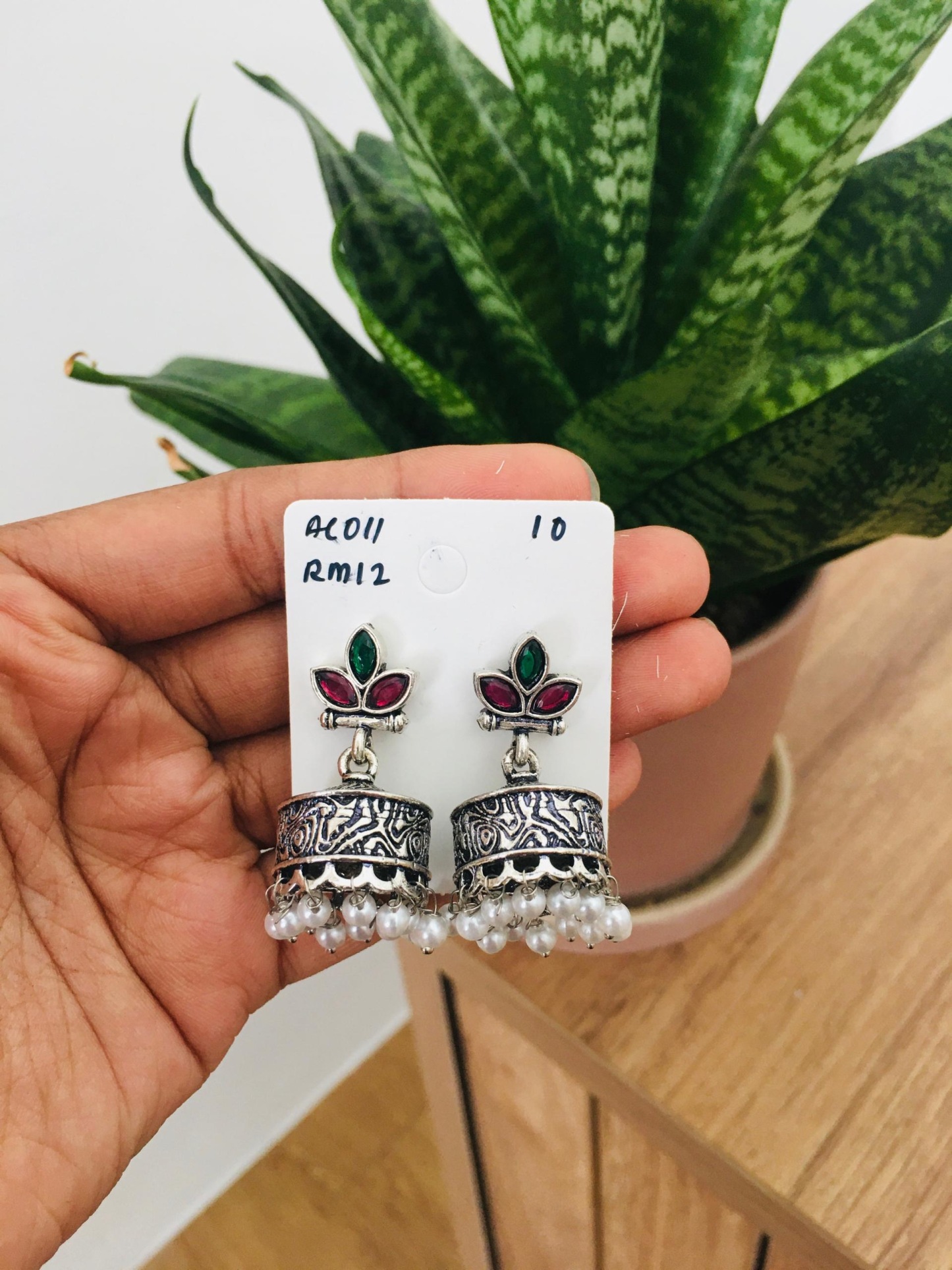 Flower Stone Silver Jhumka