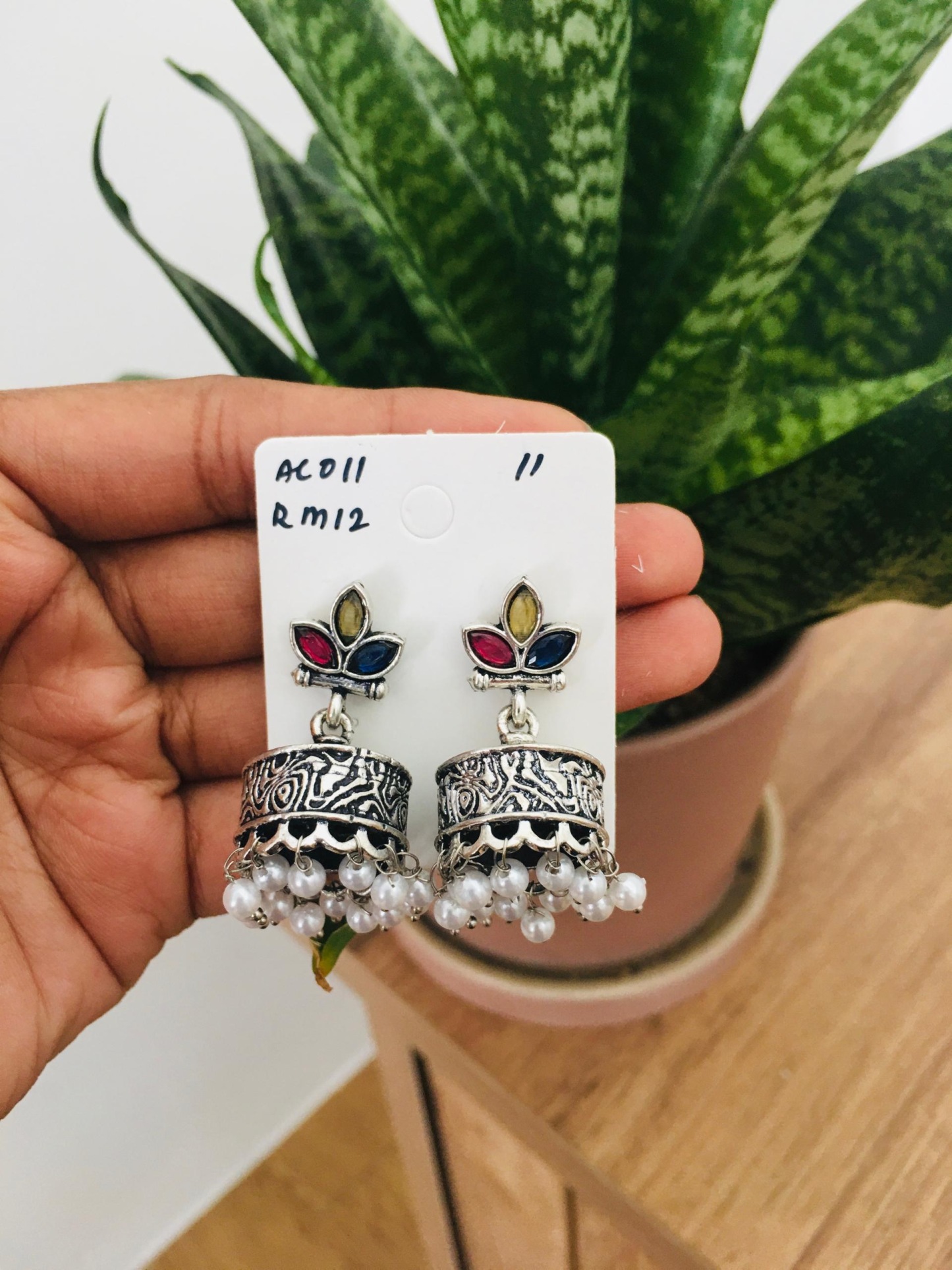 Flower Stone Silver Jhumka