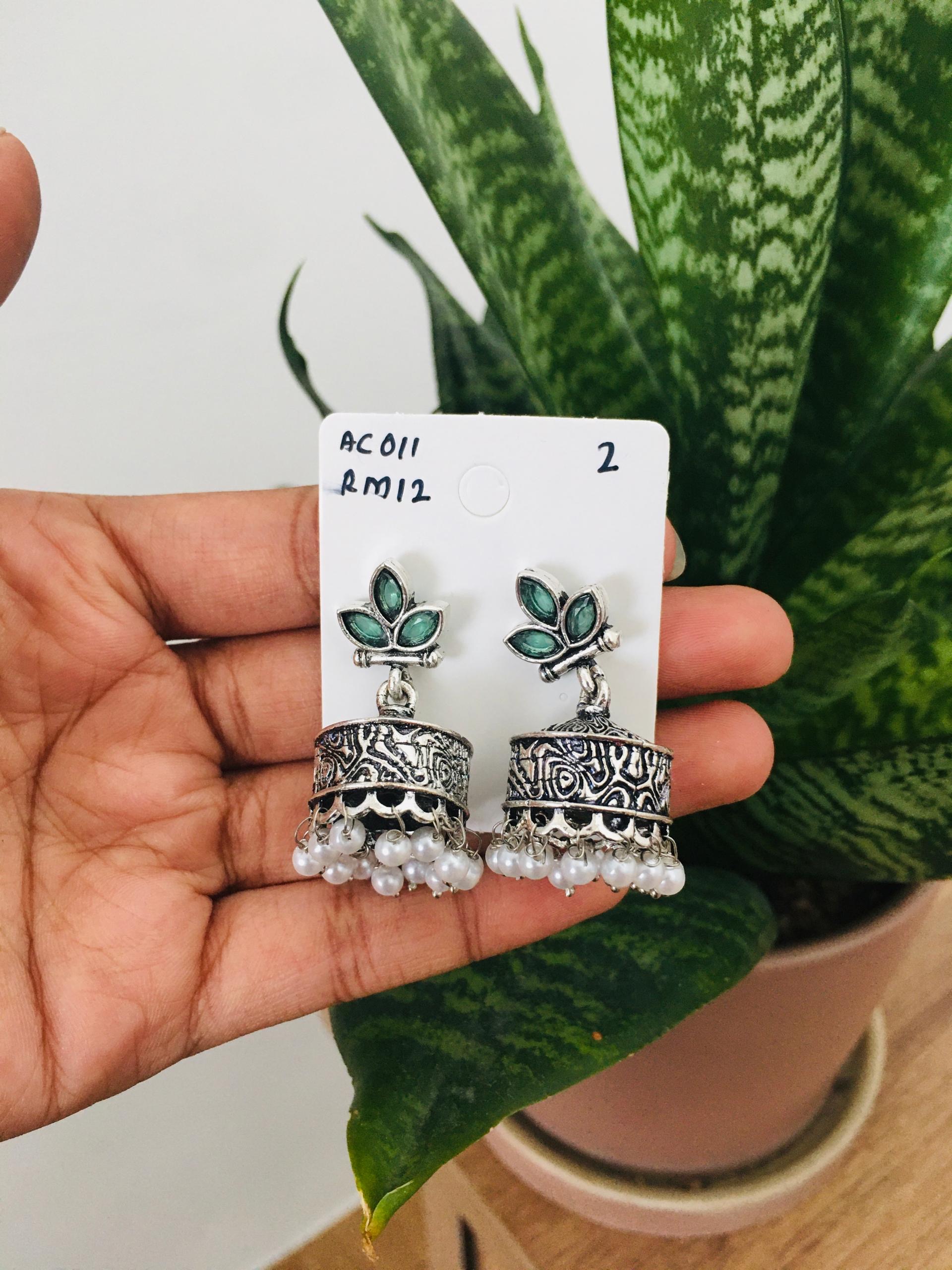 Flower Stone Silver Jhumka