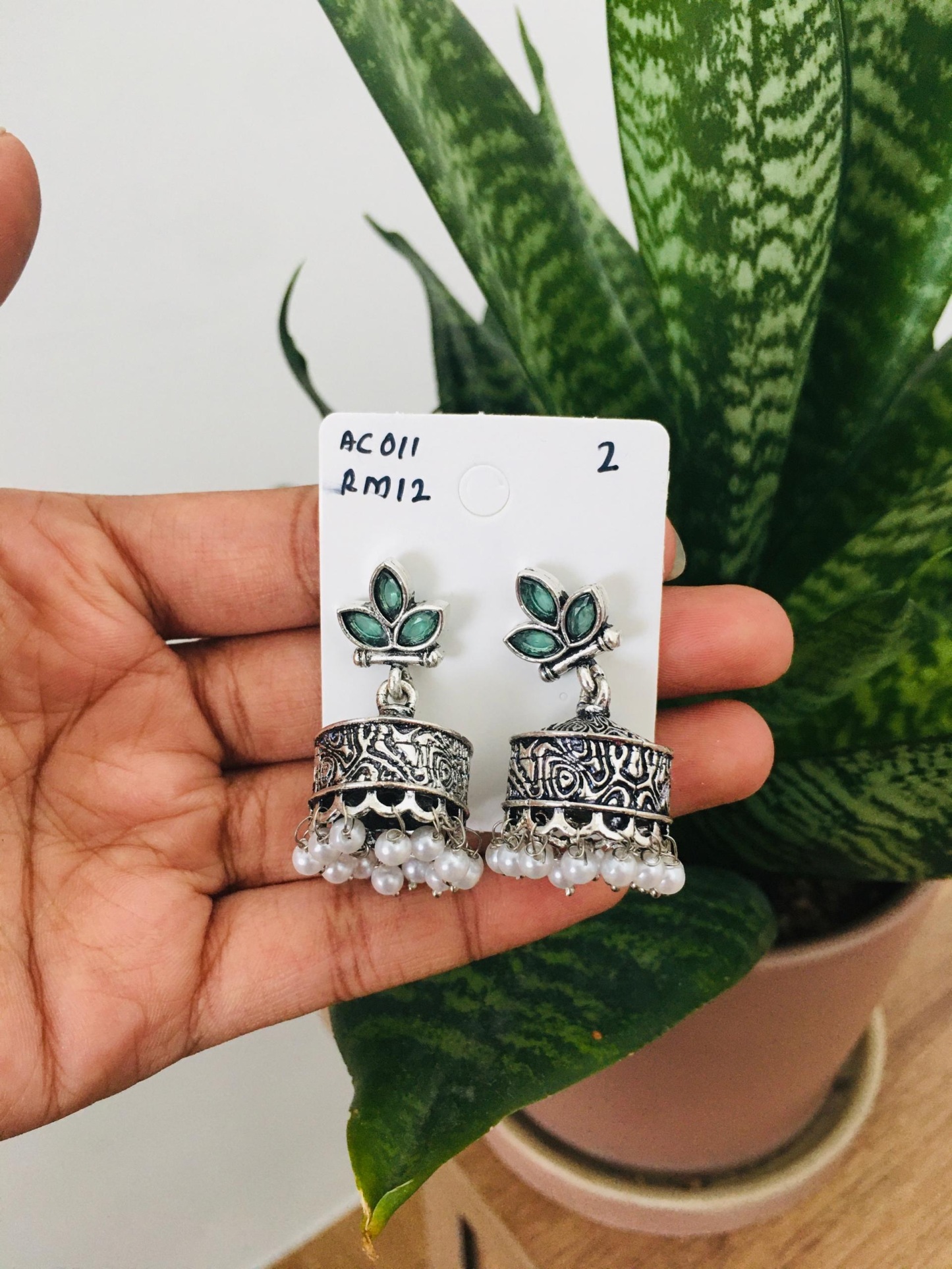Flower Stone Silver Jhumka