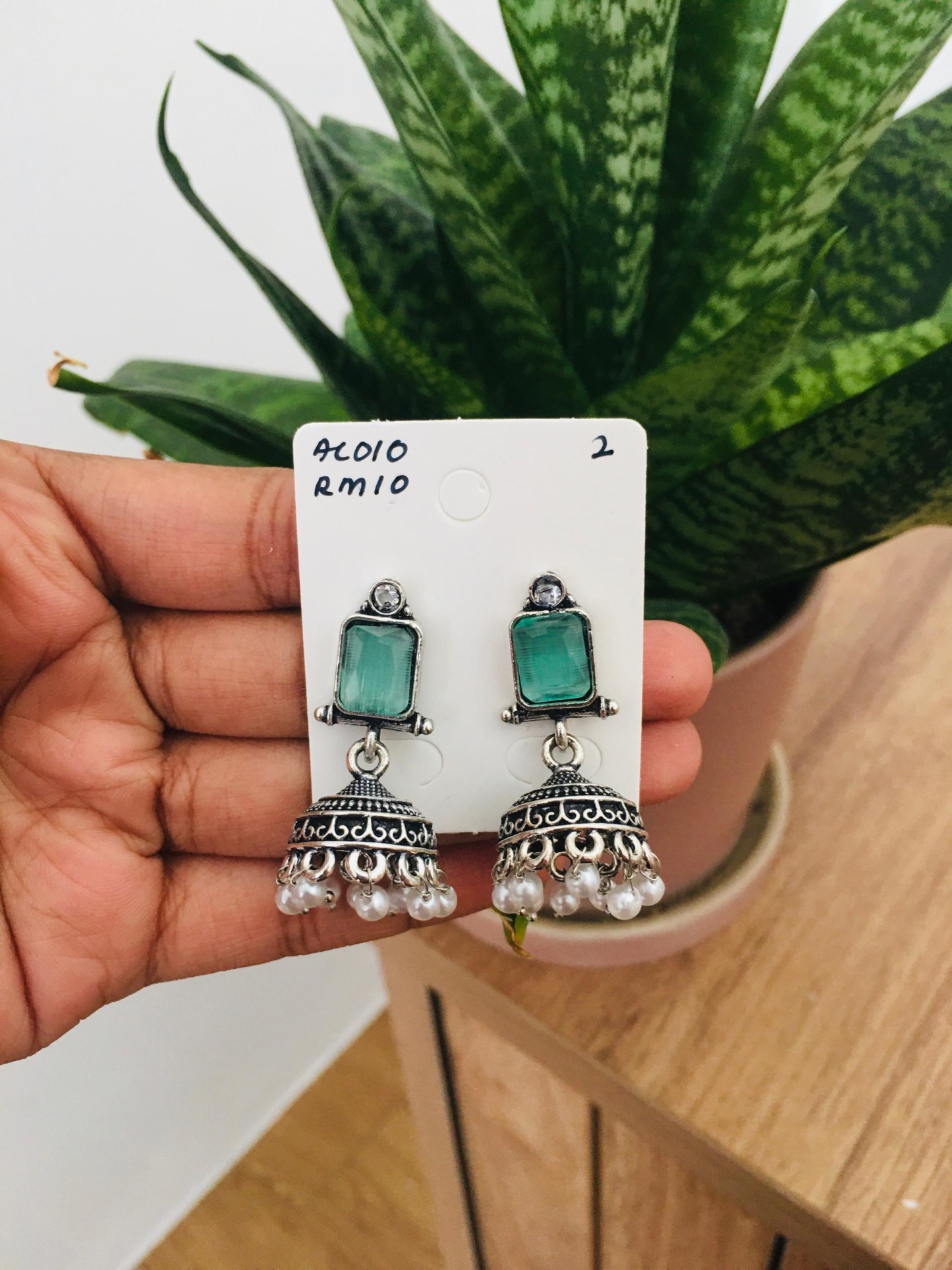 Square Stone Silver Jhumka