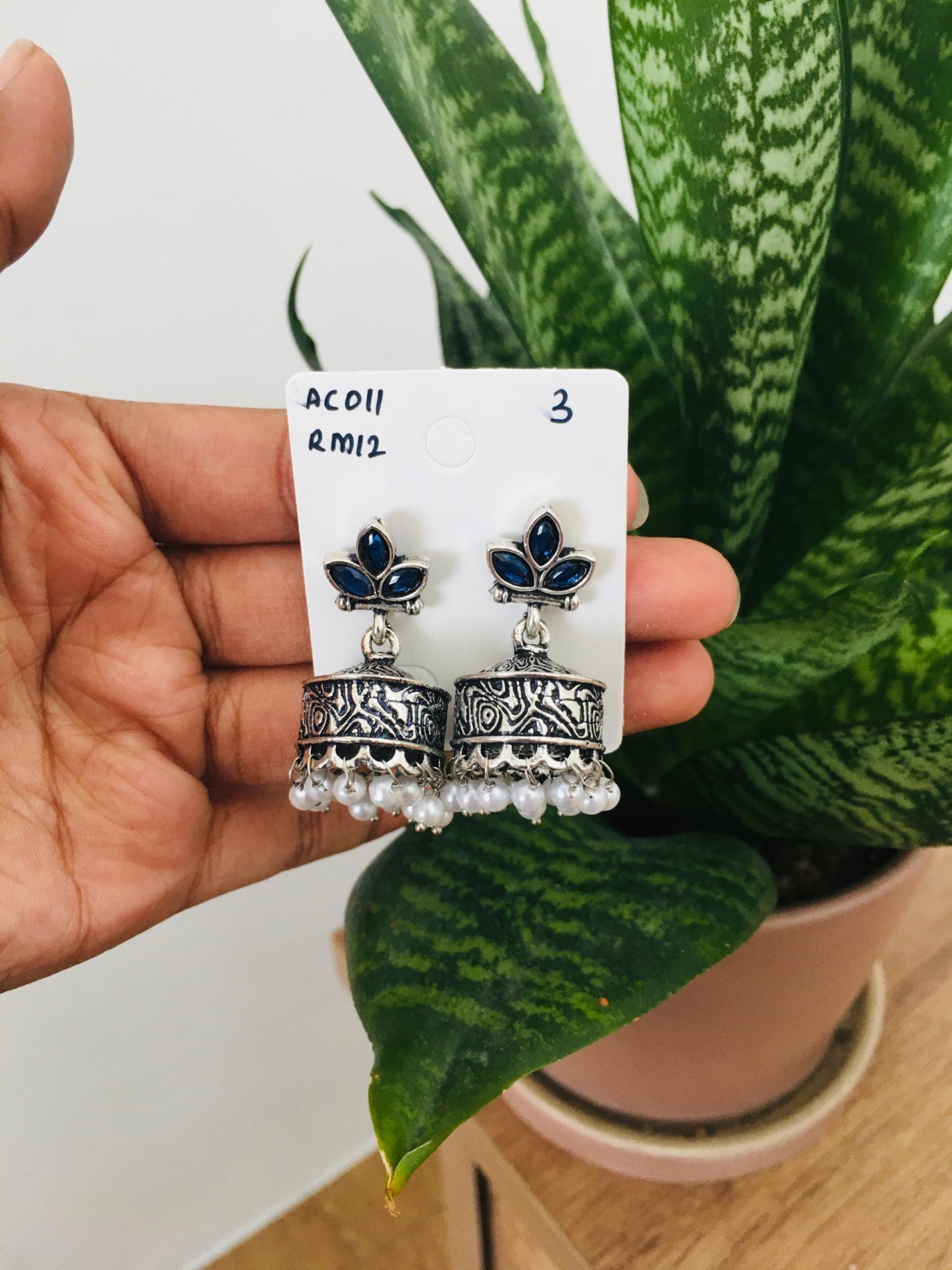 Flower Stone Silver Jhumka