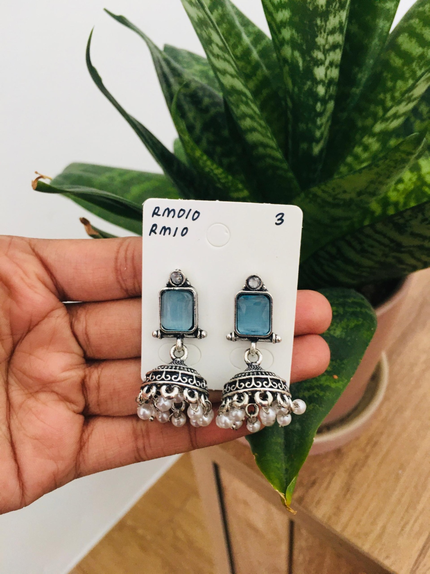 Square Stone Silver Jhumka