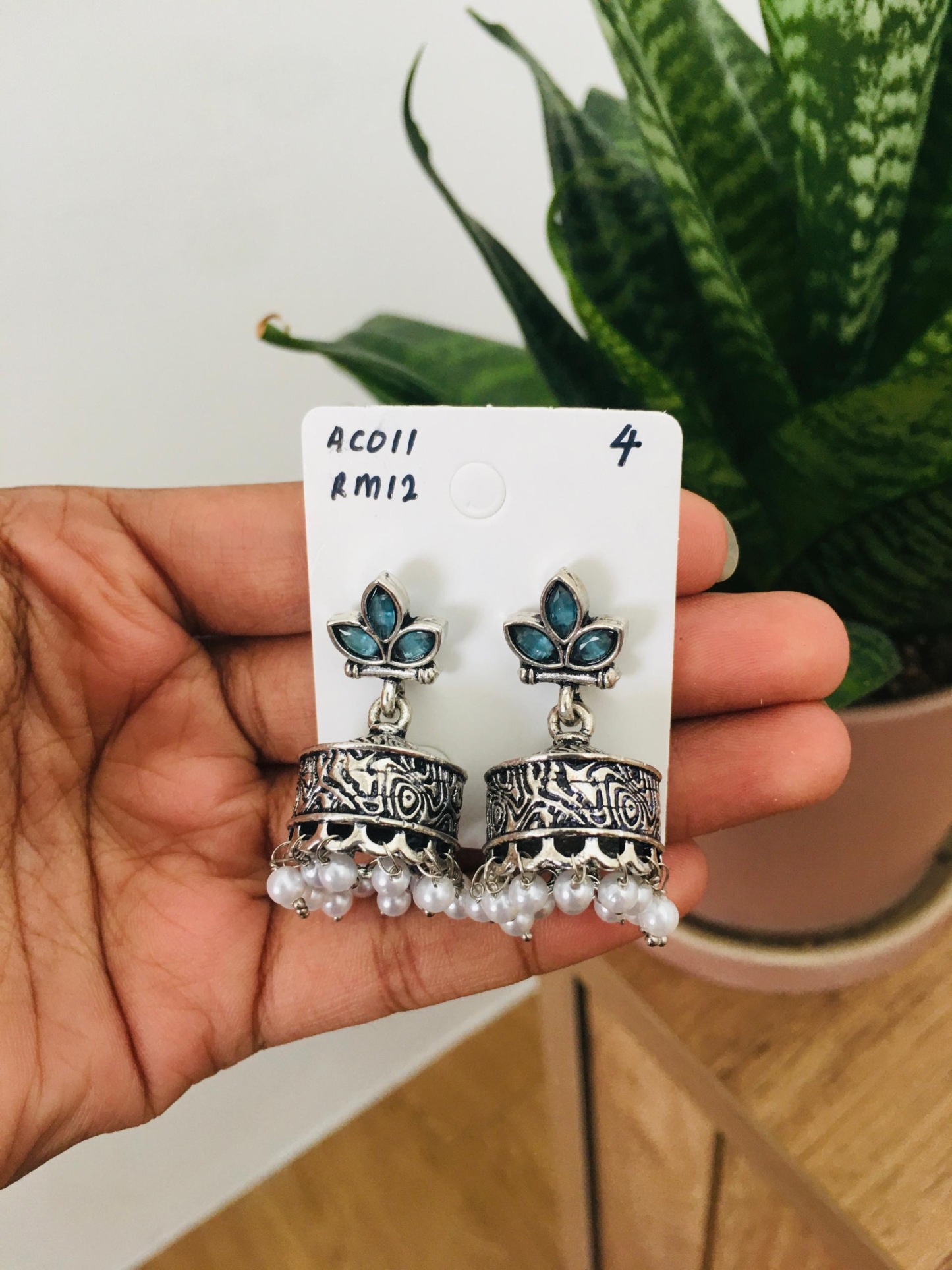 Flower Stone Silver Jhumka