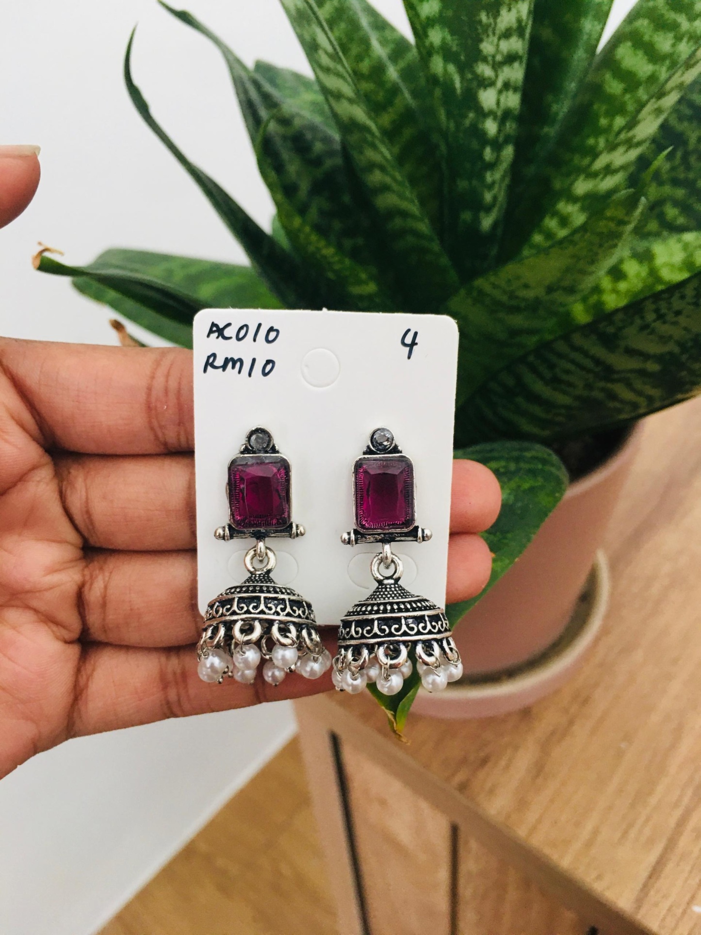 Square Stone Silver Jhumka