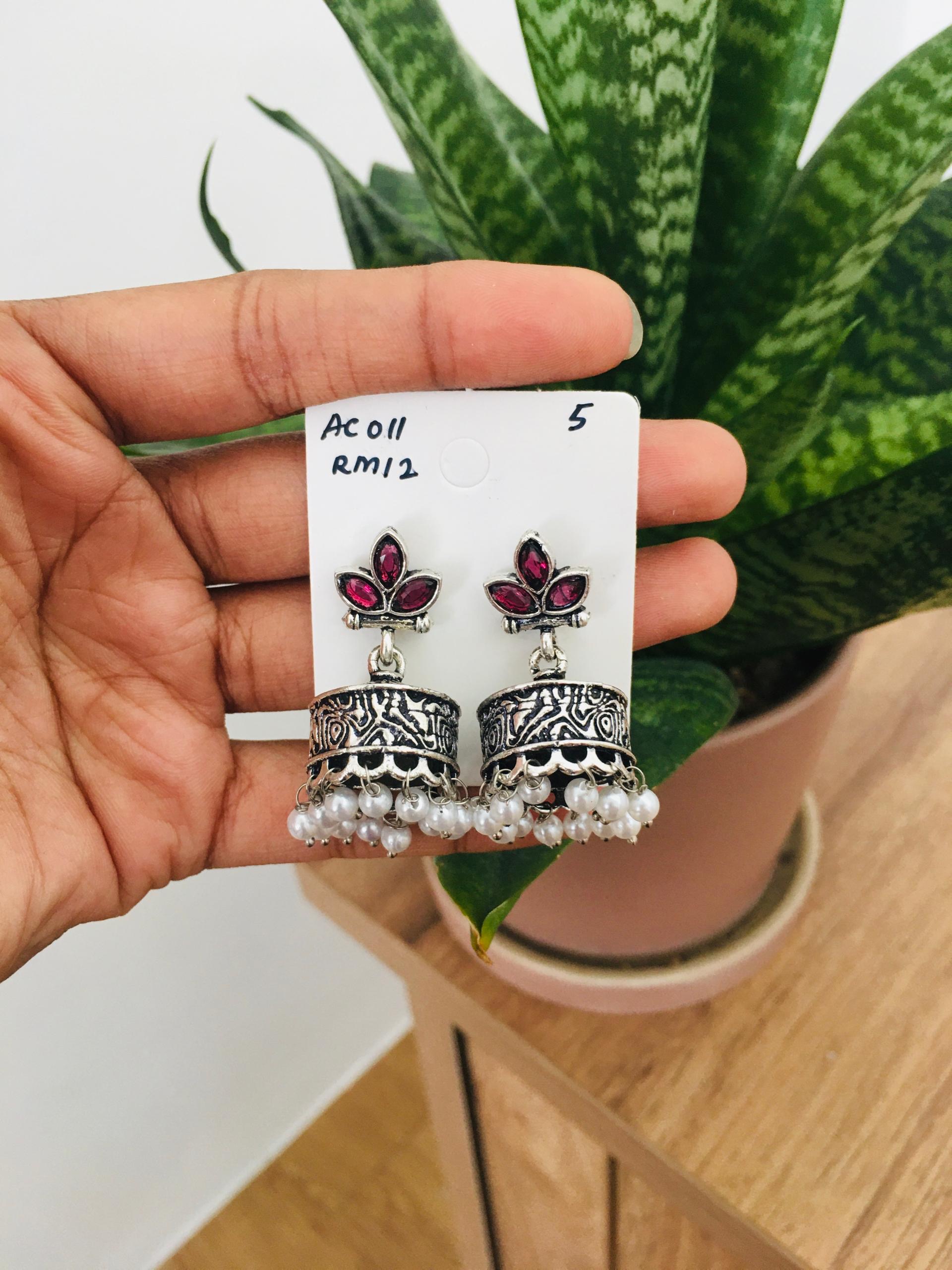Flower Stone Silver Jhumka