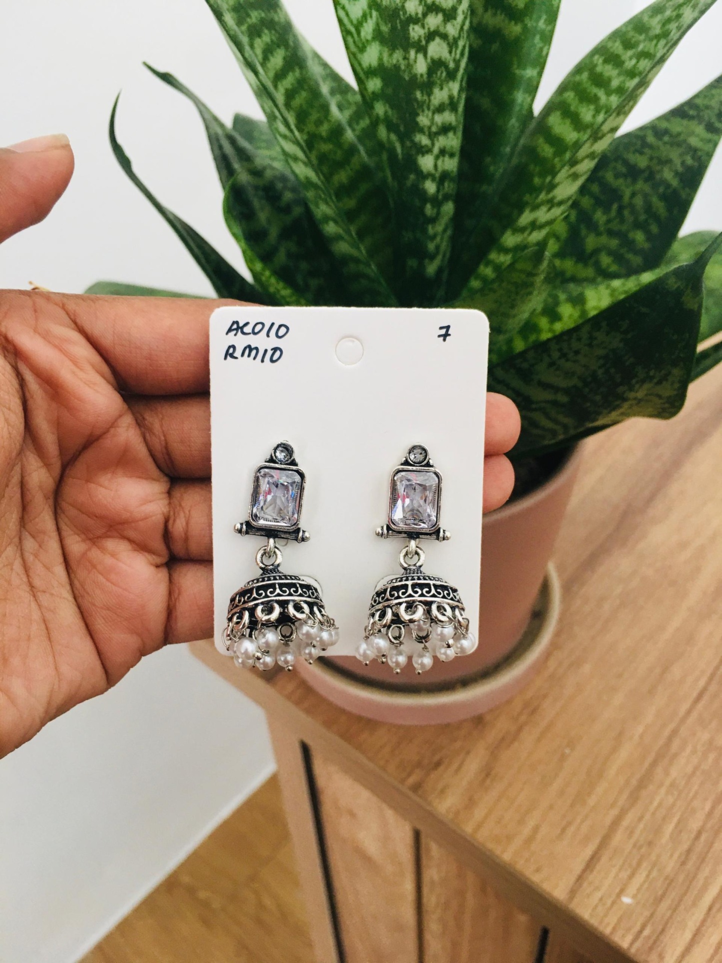 Square Stone Silver Jhumka