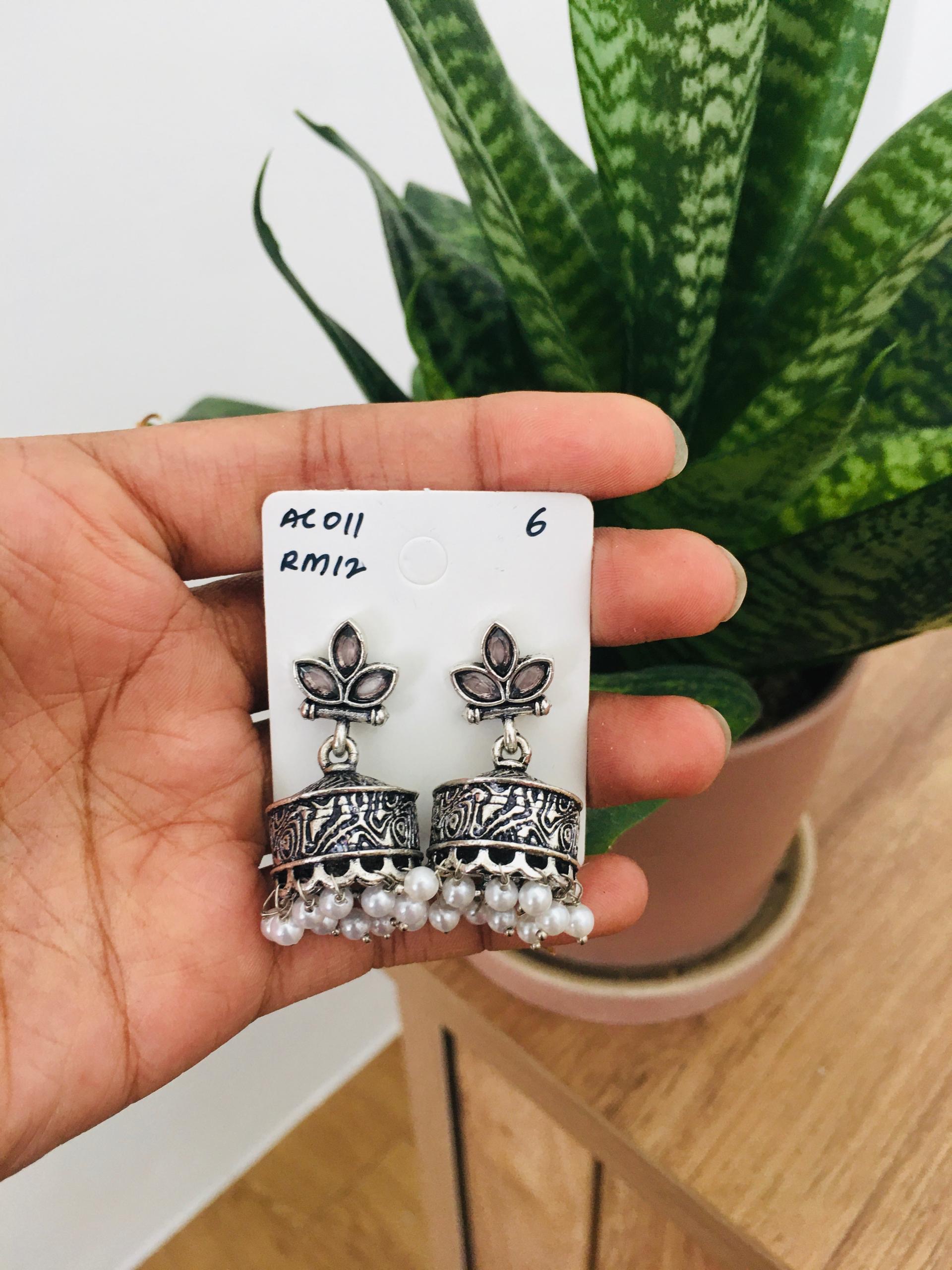 Flower Stone Silver Jhumka