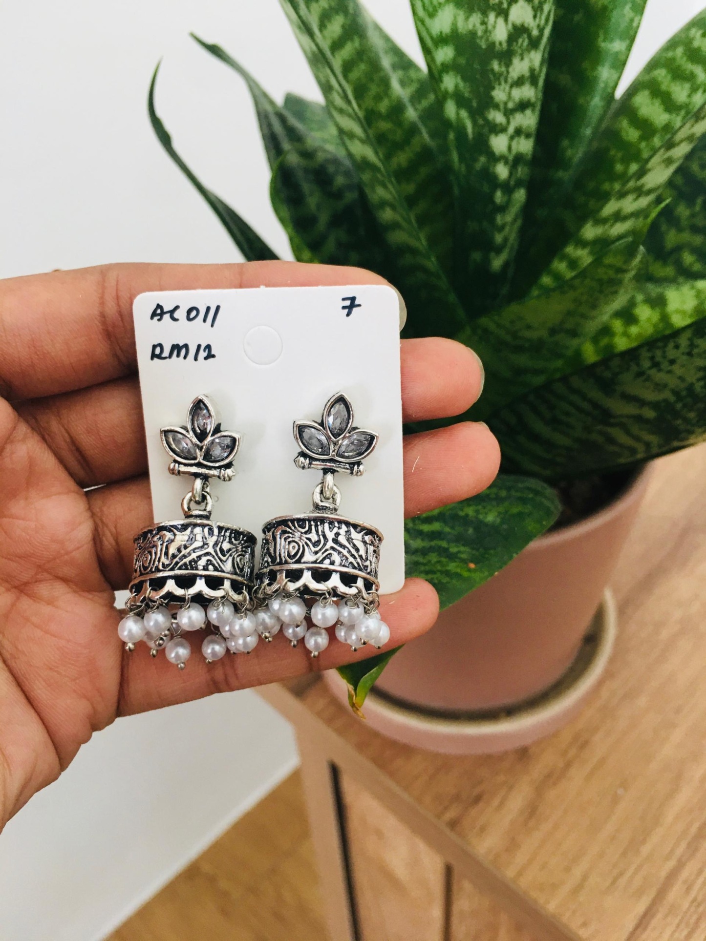 Flower Stone Silver Jhumka
