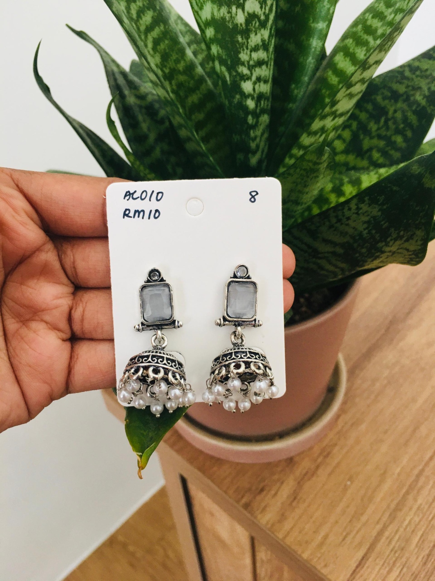 Square Stone Silver Jhumka