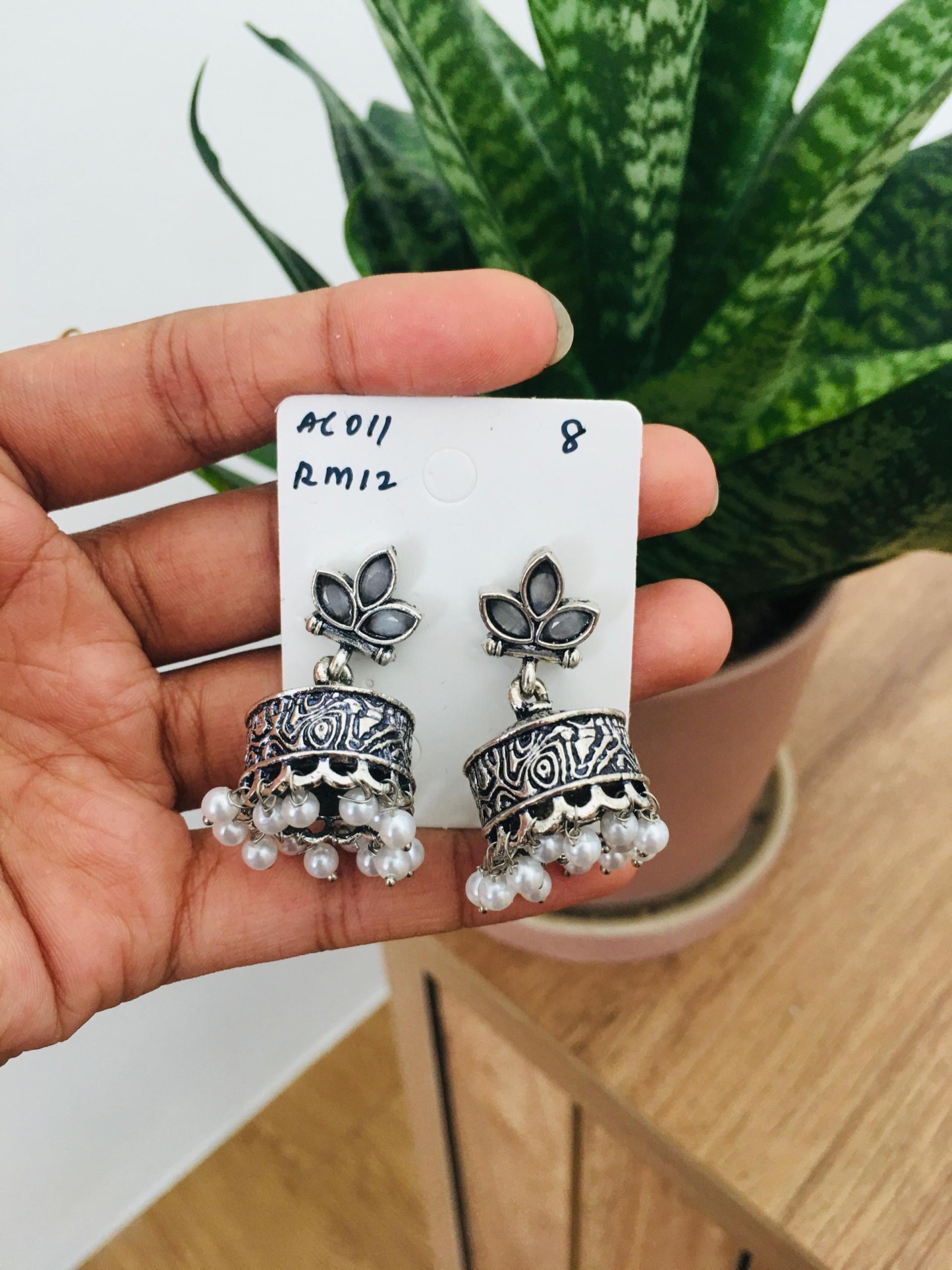 Flower Stone Silver Jhumka