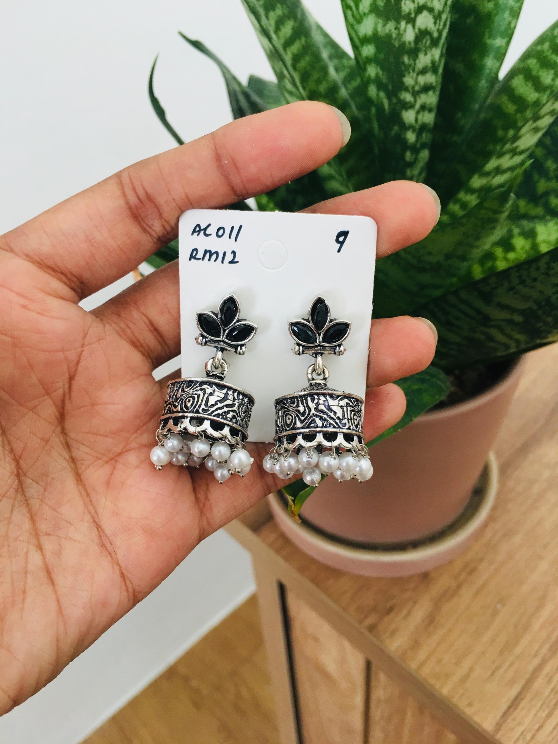 Flower Stone Silver Jhumka