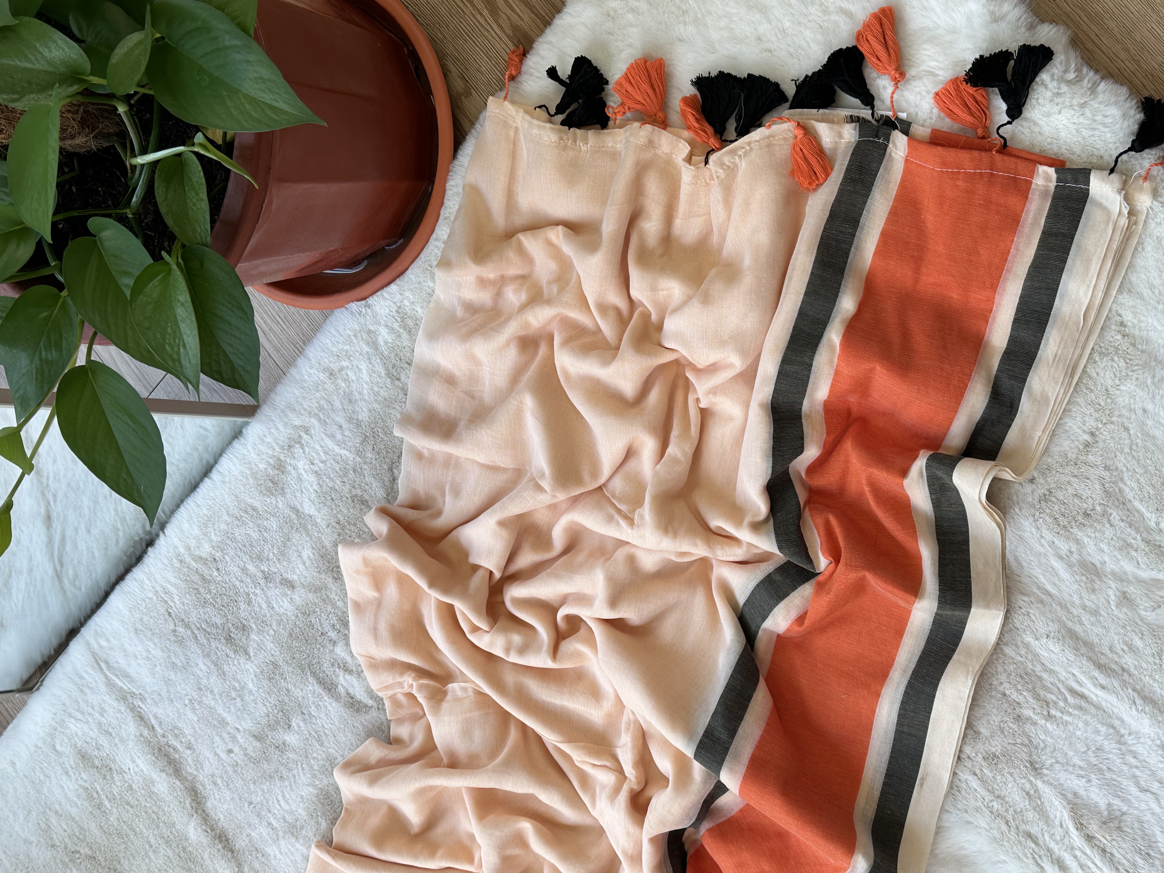 Orange Border Mul Saree