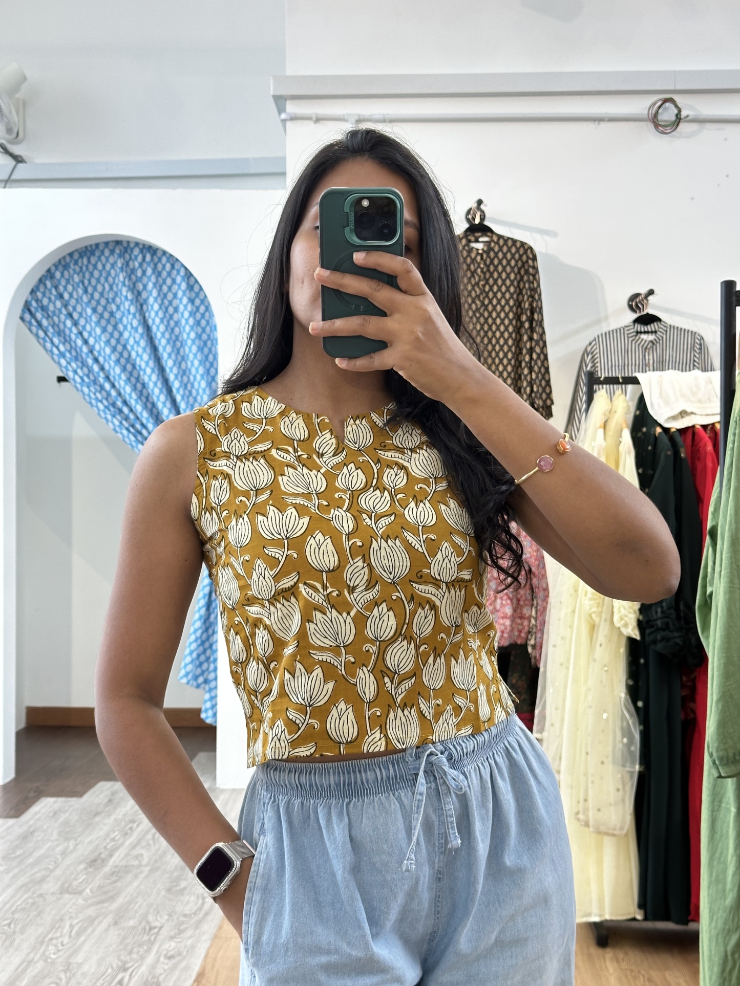 Cotton Crop Top (Floral Mustard)