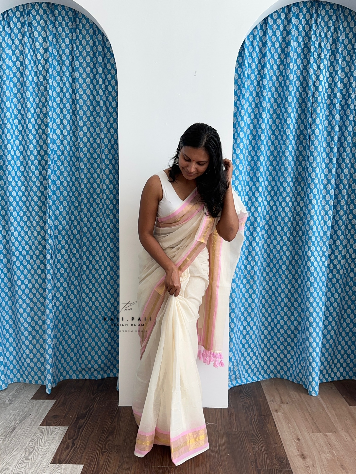 White Mul Saree with PinkBorder