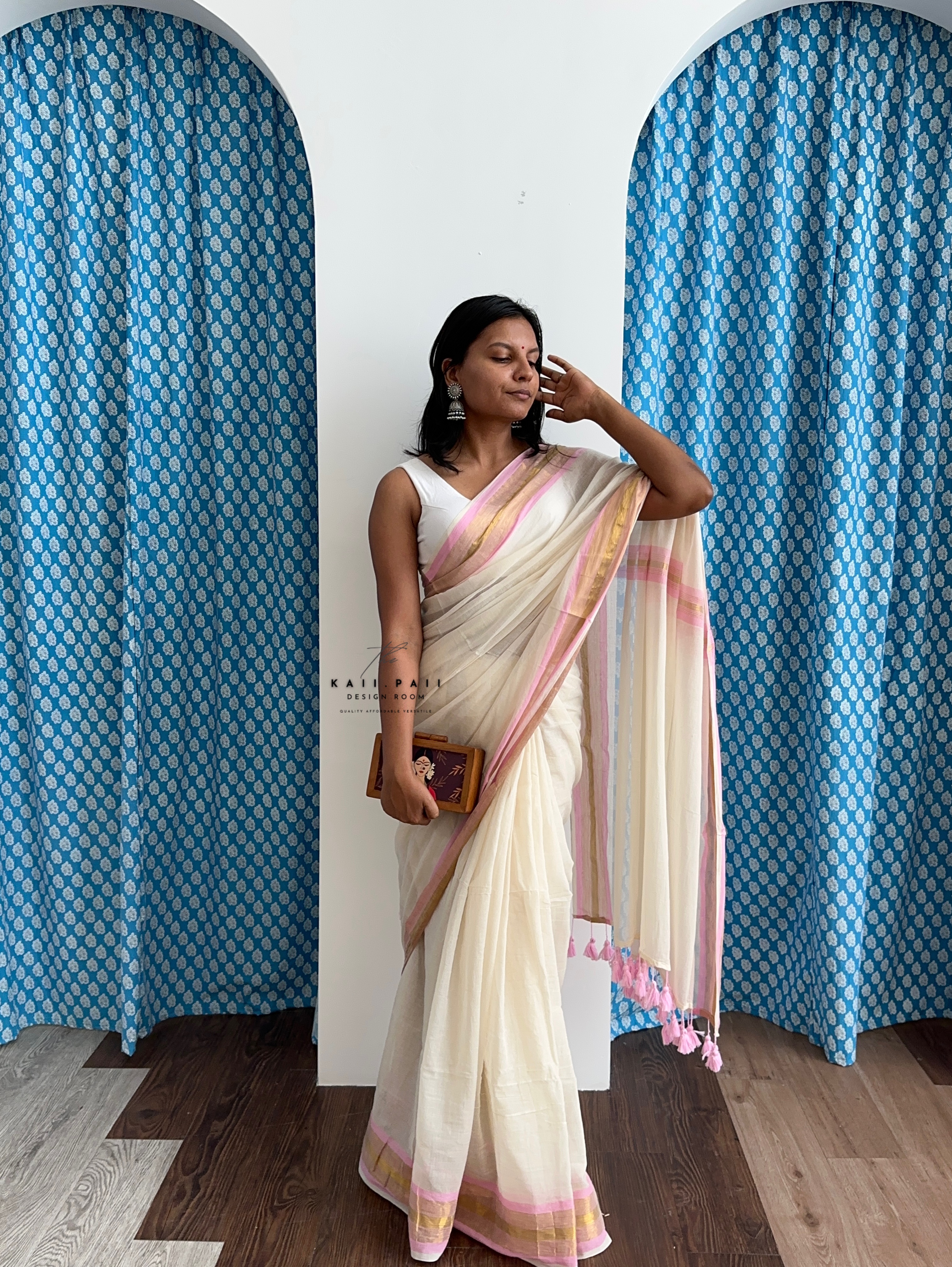 White Mul Saree with PinkBorder