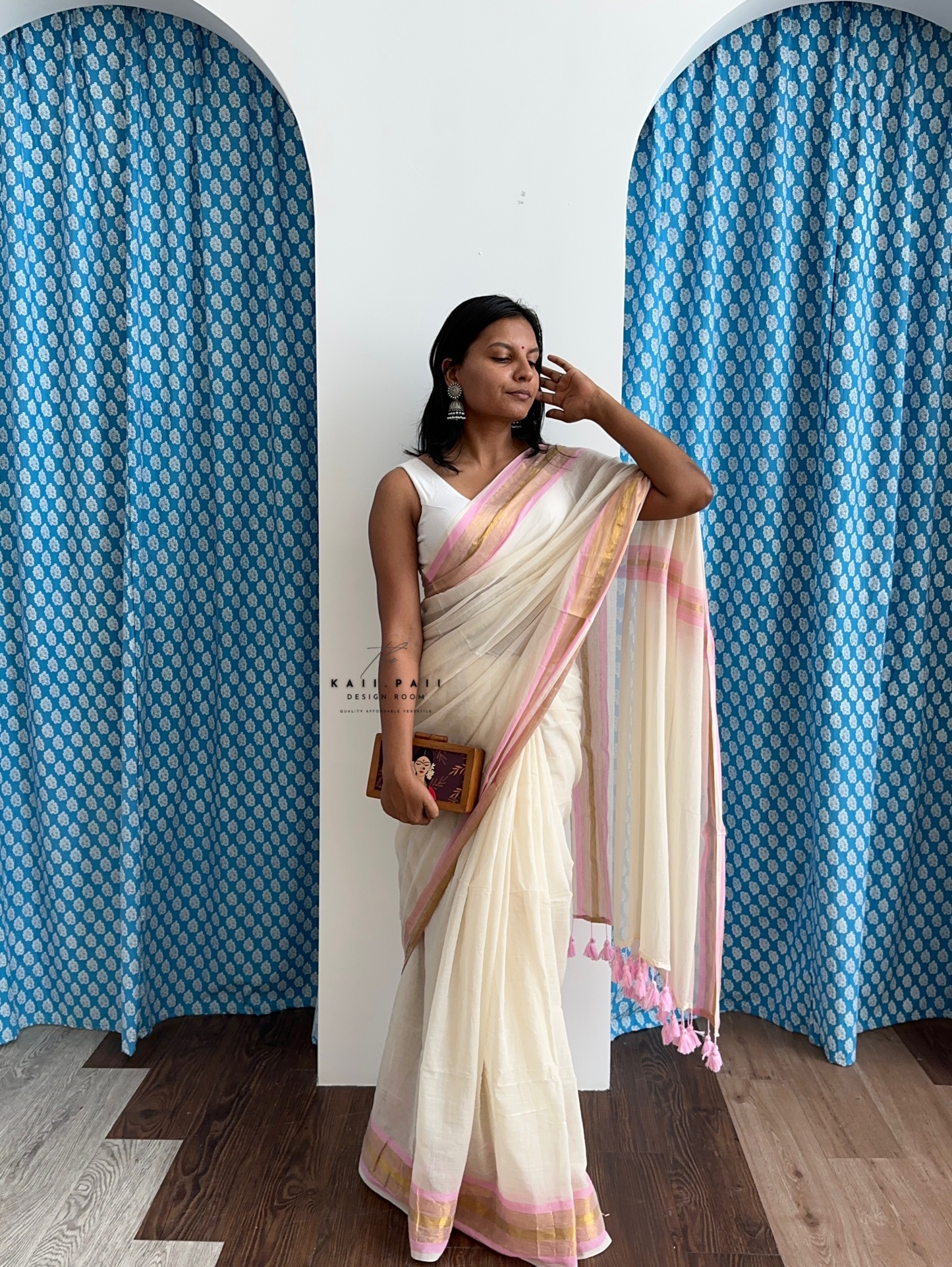 White Mul Saree with PinkBorder