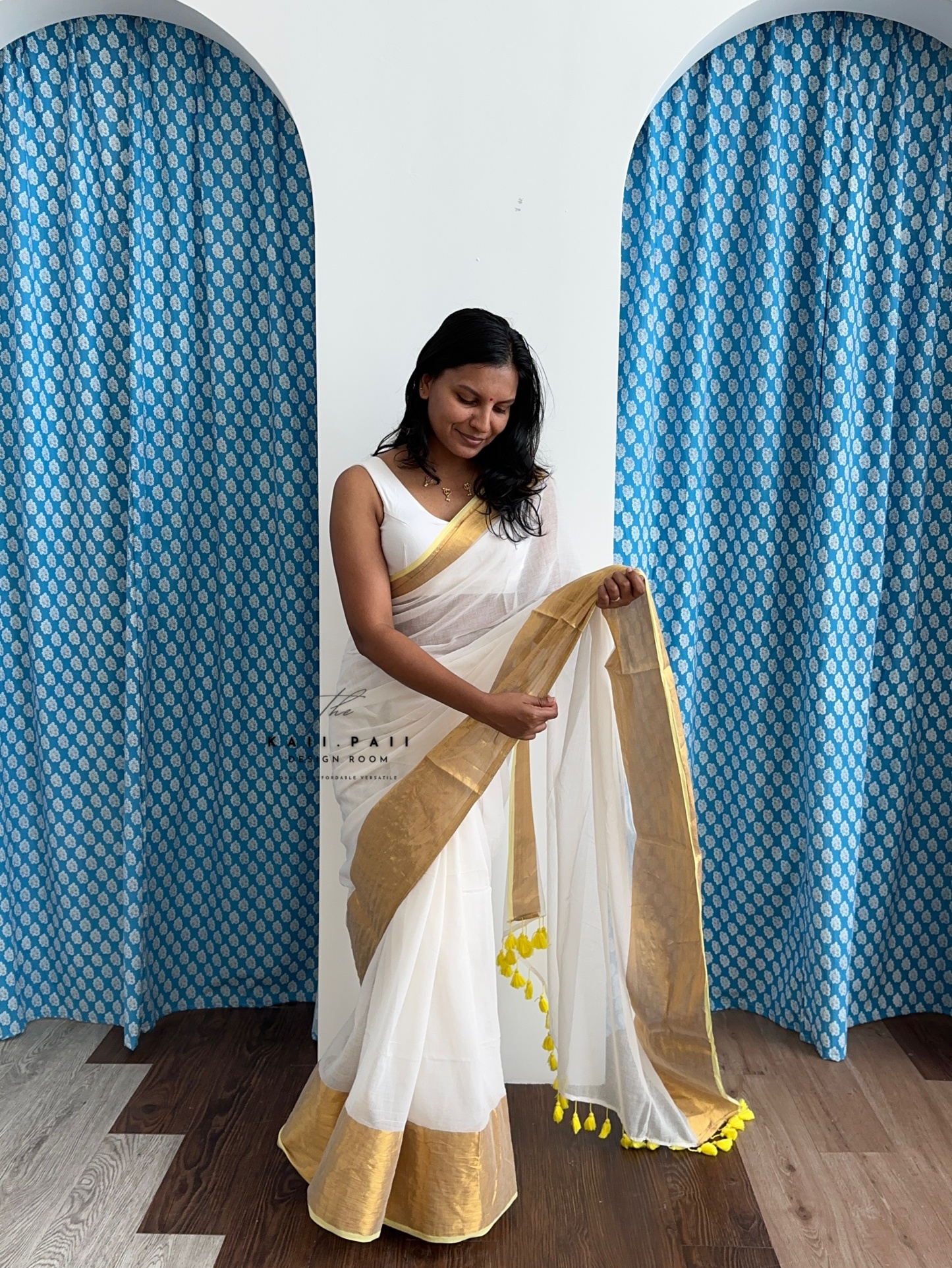 White Mul Saree with Gold Border