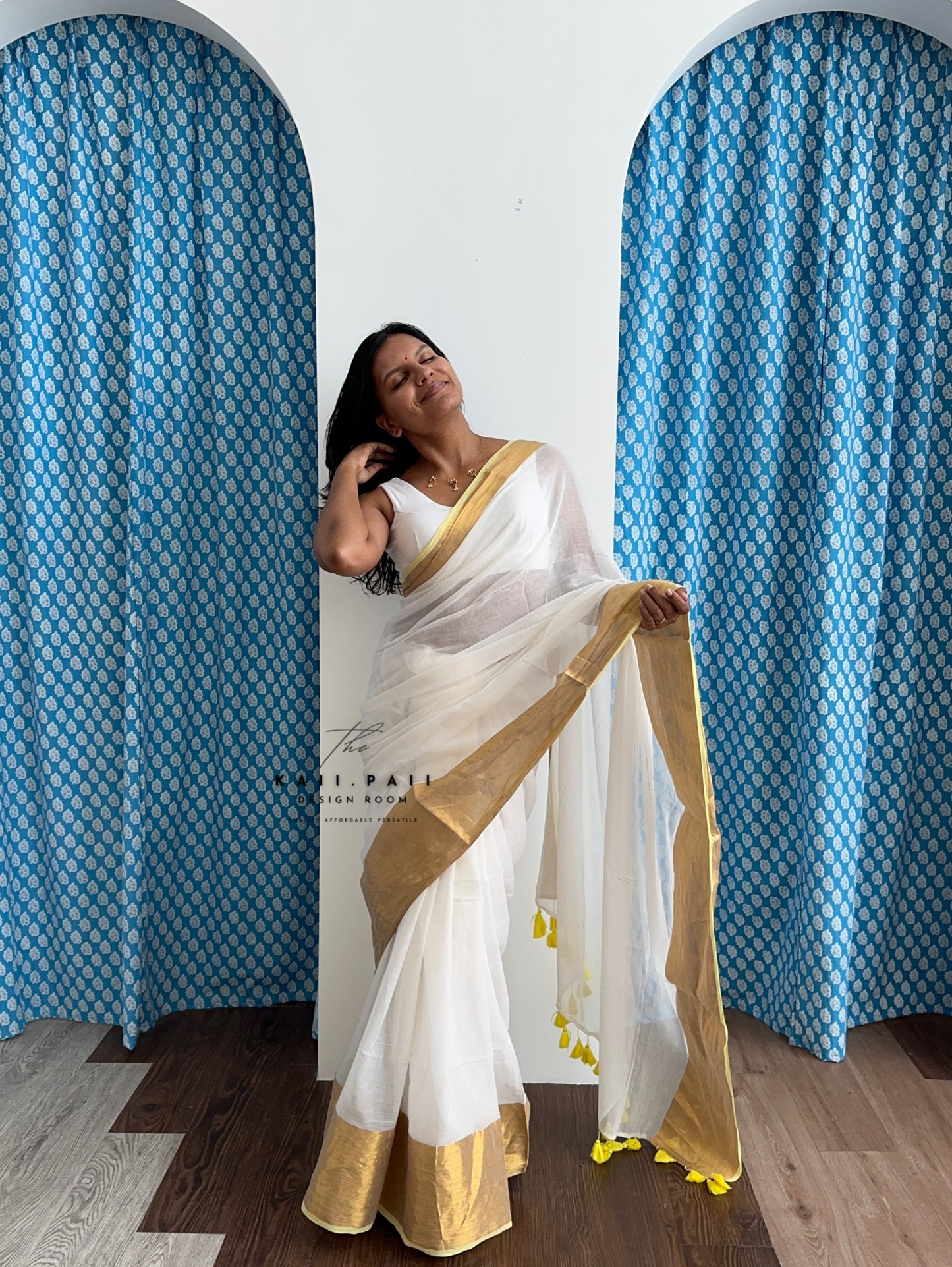 White Mul Saree with Gold Border