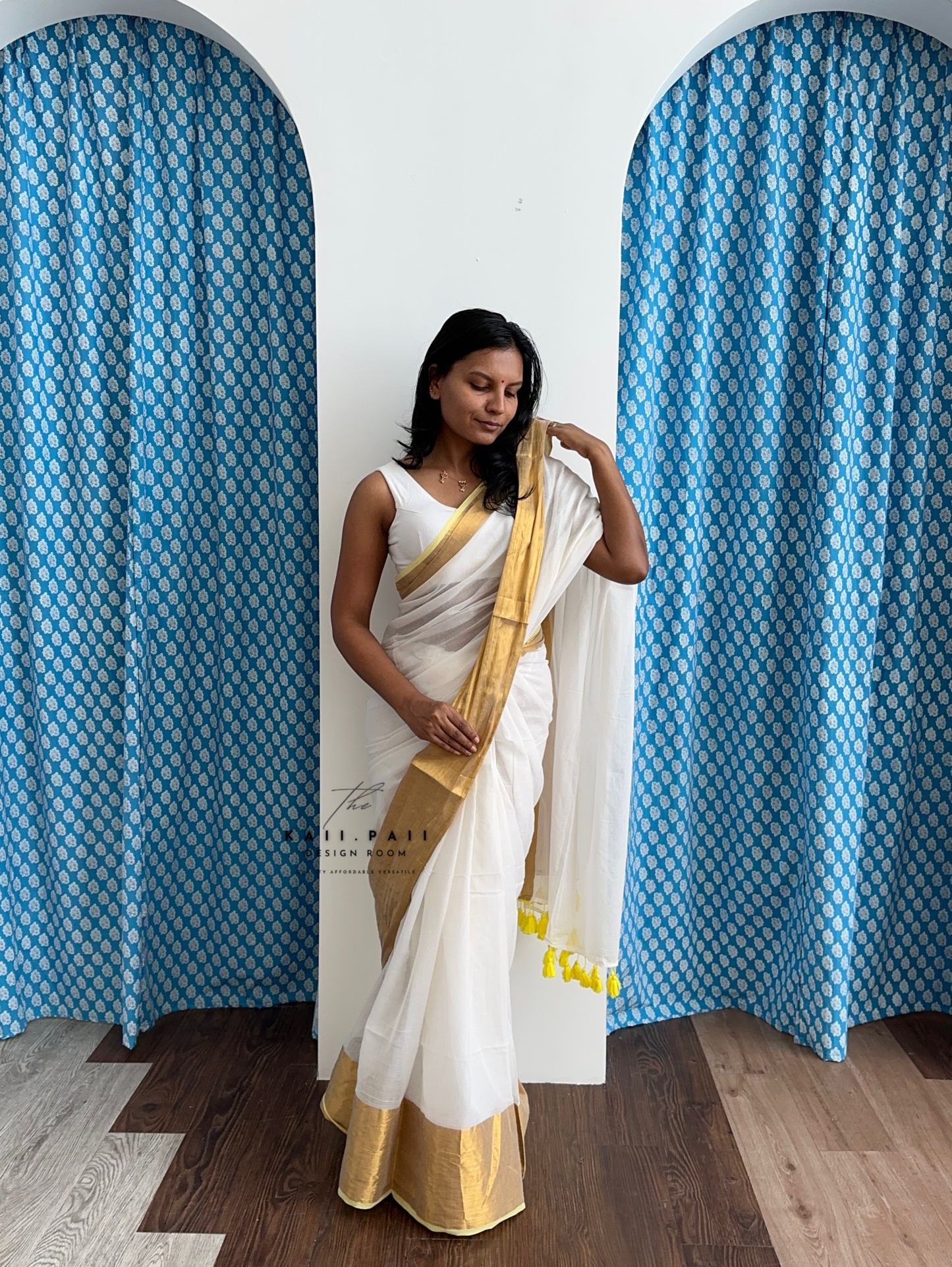 White Mul Saree with Gold Border
