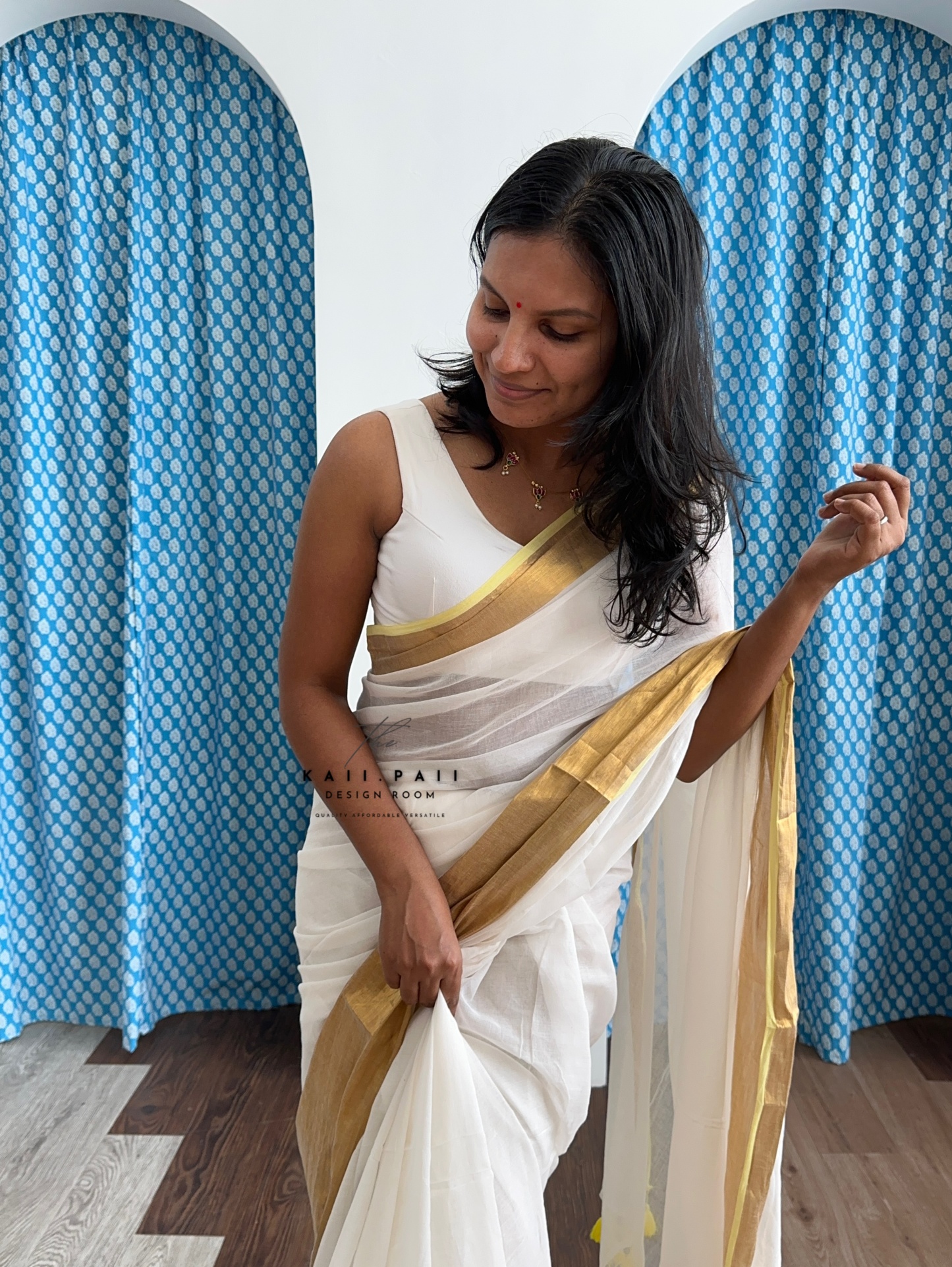 White Mul Saree with Gold Border