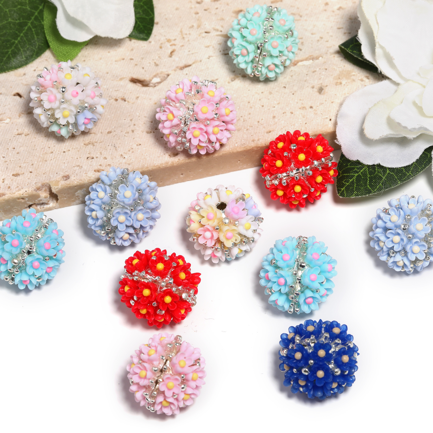 【B164】Floral Clay Beads with Flowers and AB Rhinestones-JPM