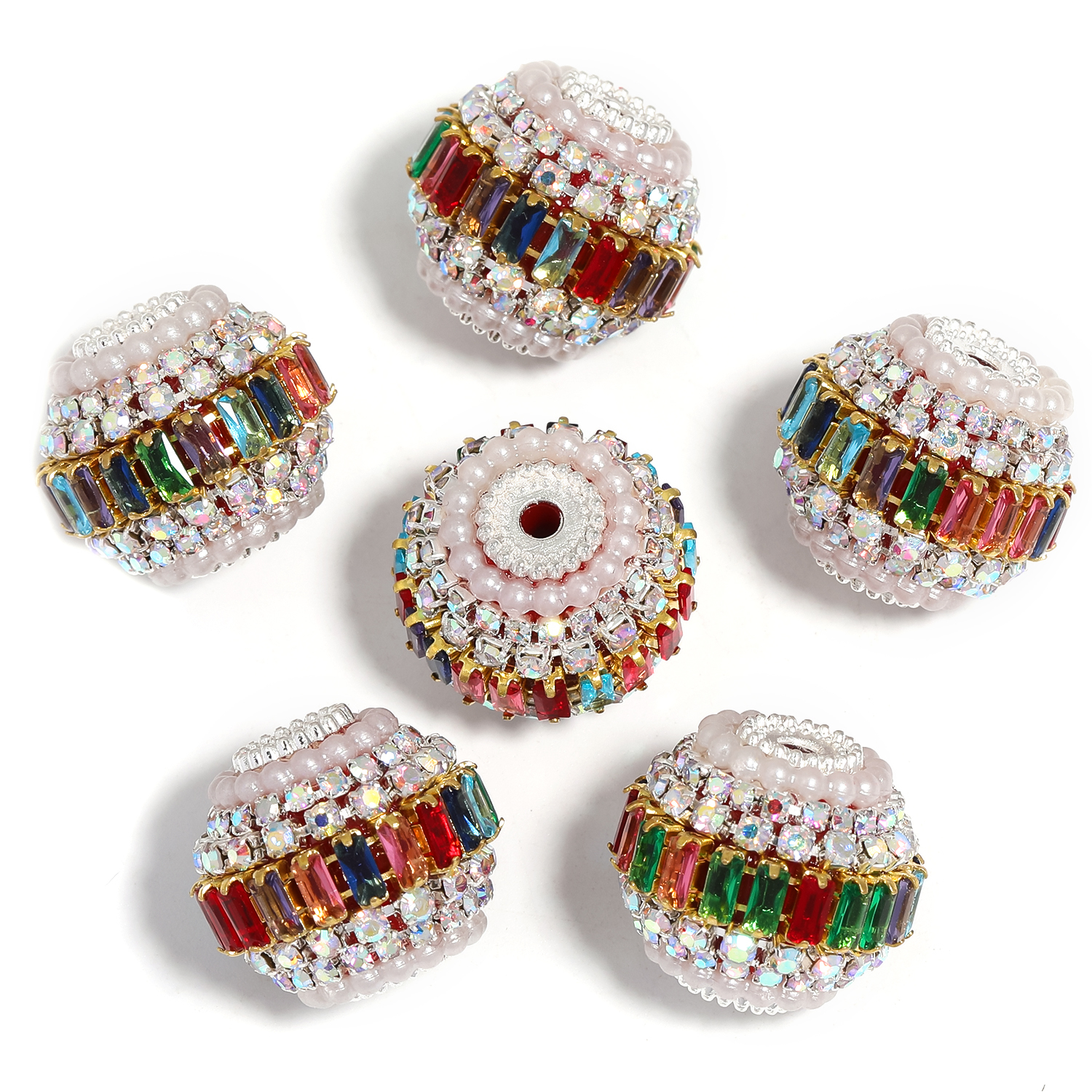 【B145】15pcs Metal Beads with Silver Pins, Double Layer Rhinestones-JPM