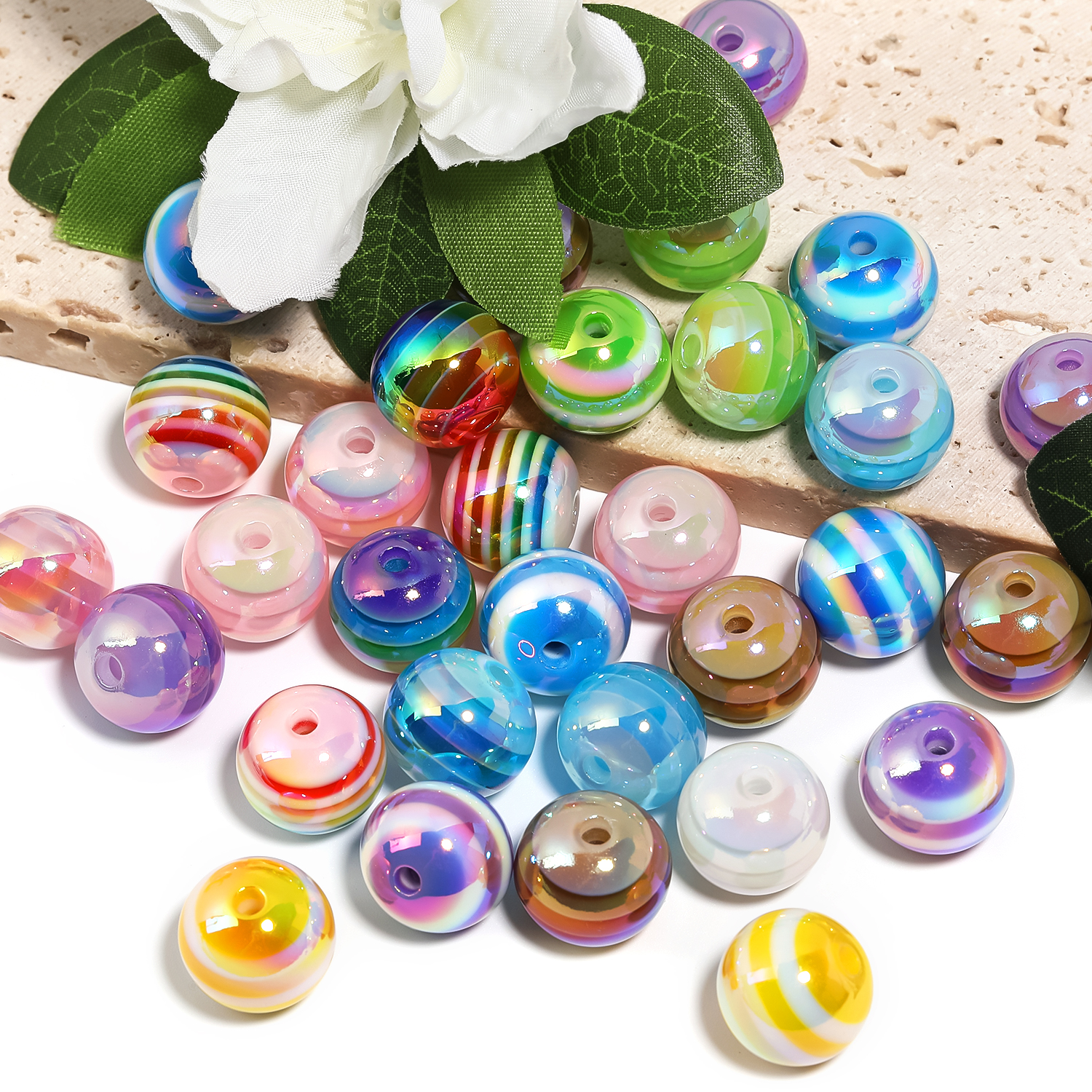 【B175】100pcs  Stripe Resin Beads, AB Color, Rondelle