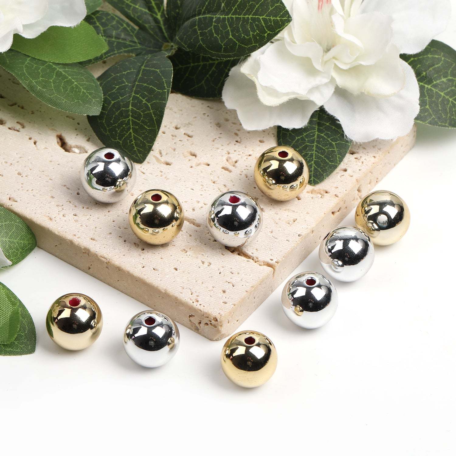 【B44】100pcs 16mm acrylic gold and silver paint round beads beaded diy mobile phone keychain-JPM