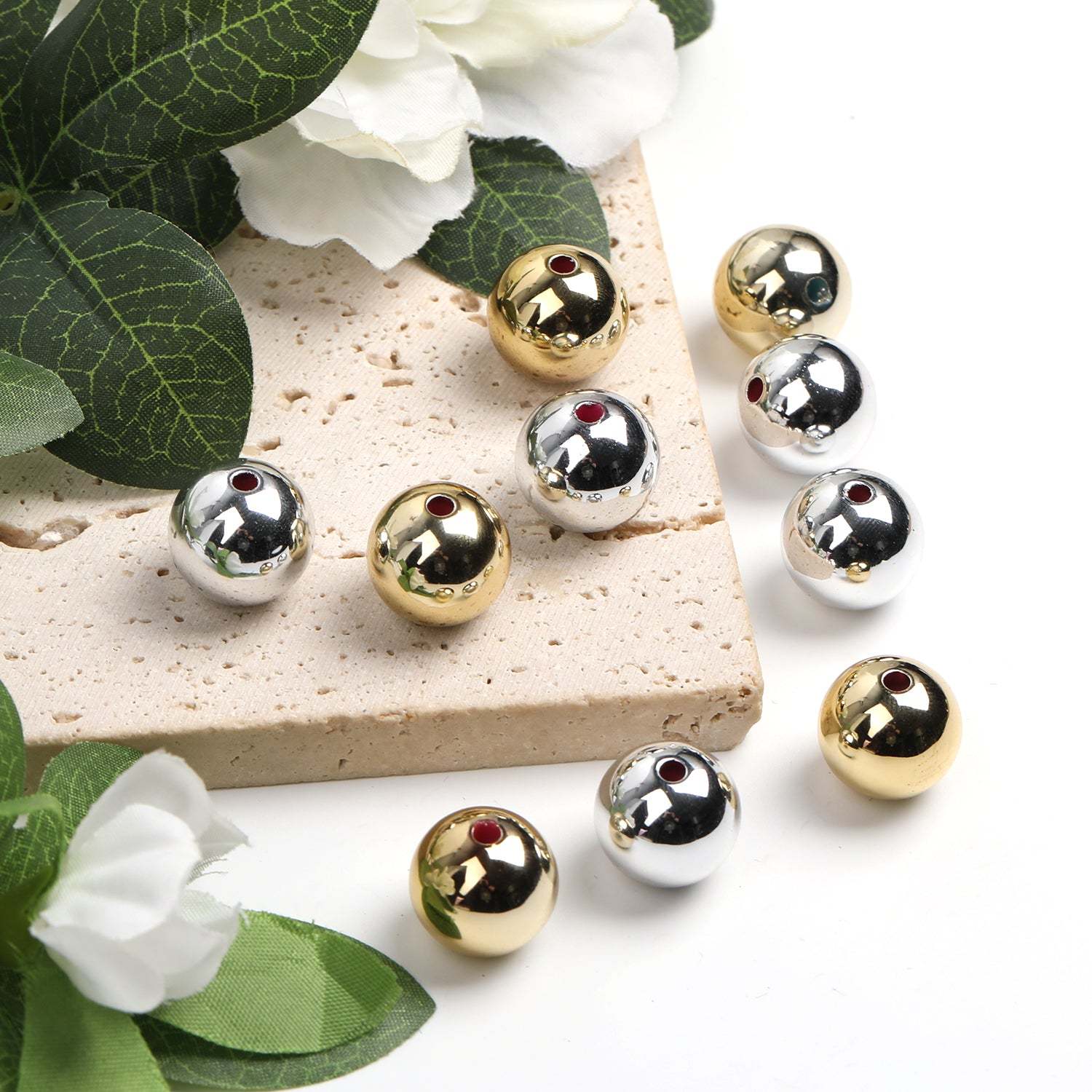 【B44】100pcs 16mm acrylic gold and silver paint round beads beaded diy mobile phone keychain-JPM