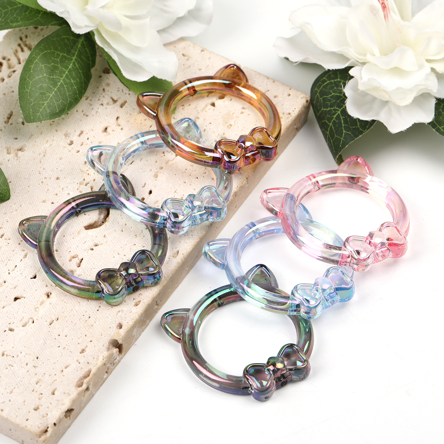 【B115】50pcs  See Thru Ring Frame Acrylic Beads with Cat Ear-JPM